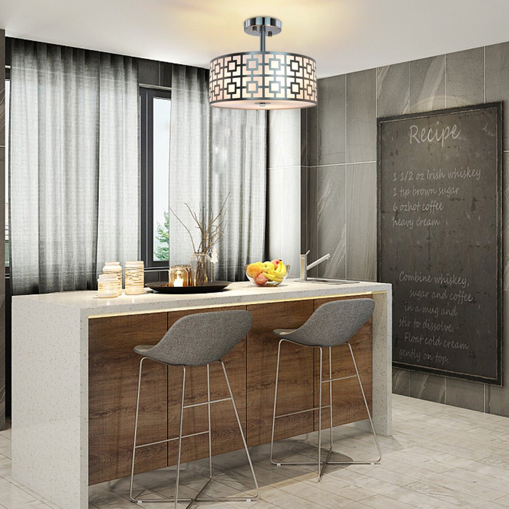 Stylish Semi Flush Mount Ceiling Light Fixture - 3 Bulb Iron Drum Pendant Chandelier in Chrome Finish for Bedroom, Hallway, Kitchen, Living & Dining Room | Modern Home Lighting for Entryway, Foyer & Interior Decor