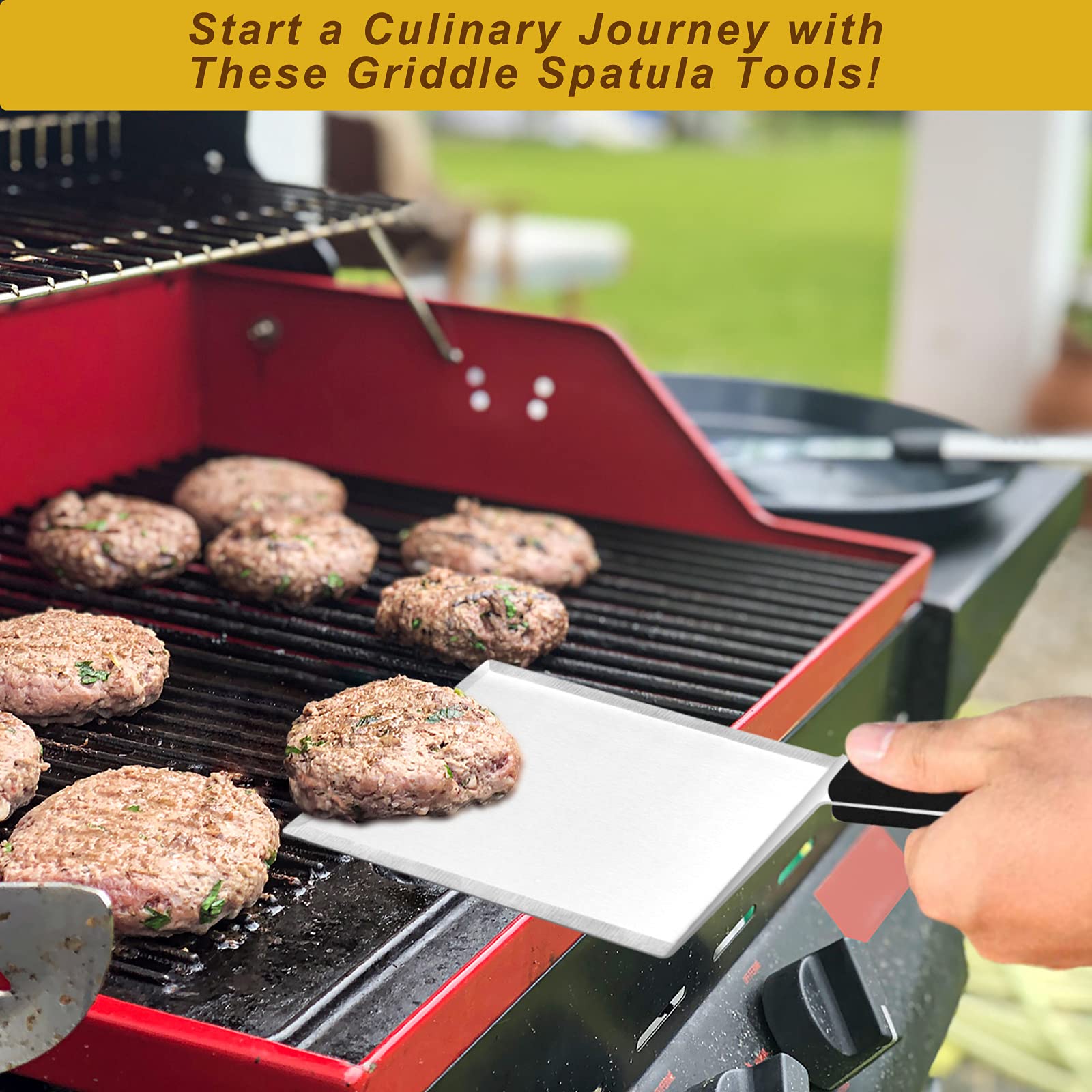 Premium Stainless Steel Spatula Set - Heavy Duty BBQ Griddle Turner, Hamburger Flipper & Pancake Spatula with Ergonomic ABS Handle for Teppanyaki, Flat Top Grill, Outdoor Cooking - Dishwasher Safe & Includes 2 Hooks for Storage - Perfect for Backyard BBQs, Camping & Commercial Kitchen Use