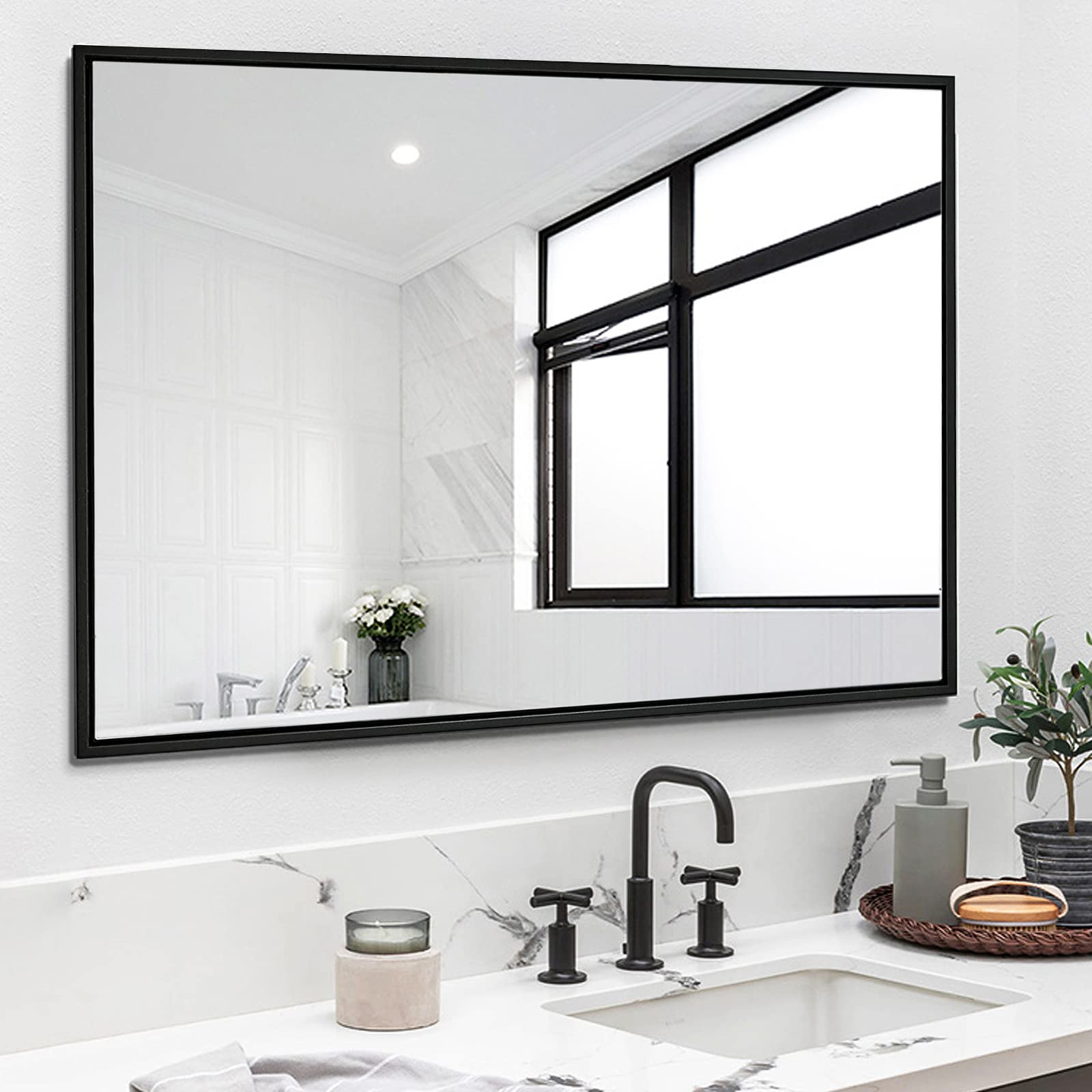 30x40 Inch Black Framed Bathroom Mirror - Rectangle Wall Mounted Vanity Mirror with Metal Frame (30