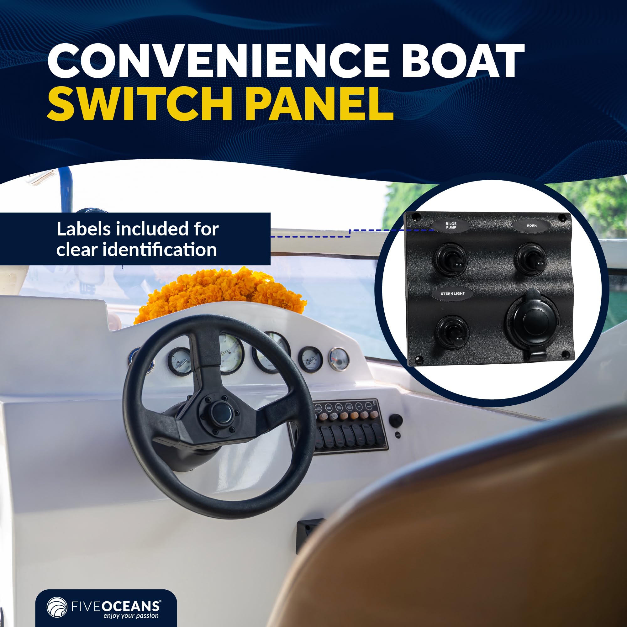 Five Oceans LED Marine Switch Panel - Waterproof 12-24V Toggle Switch Panel with Labels for Boats & Yachts | Perfect for Dashboards, Control Panels & Marine Electrical Systems