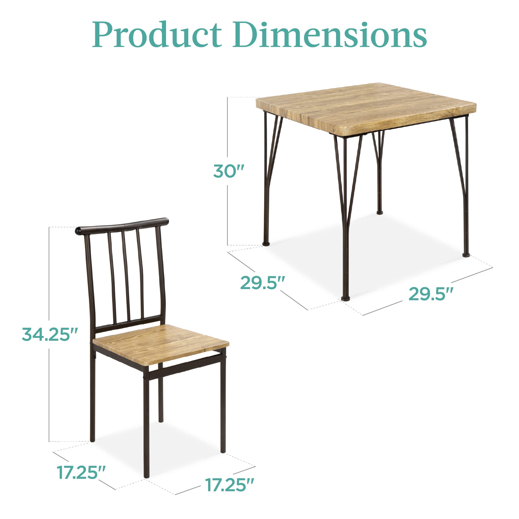 Best Choice Products 3-Piece Modern Dining Set - Square Wood & Metal Kitchen Table with 2 Chairs, Brown - Perfect for Dining Room, Breakfast Nook & Small Space Meals