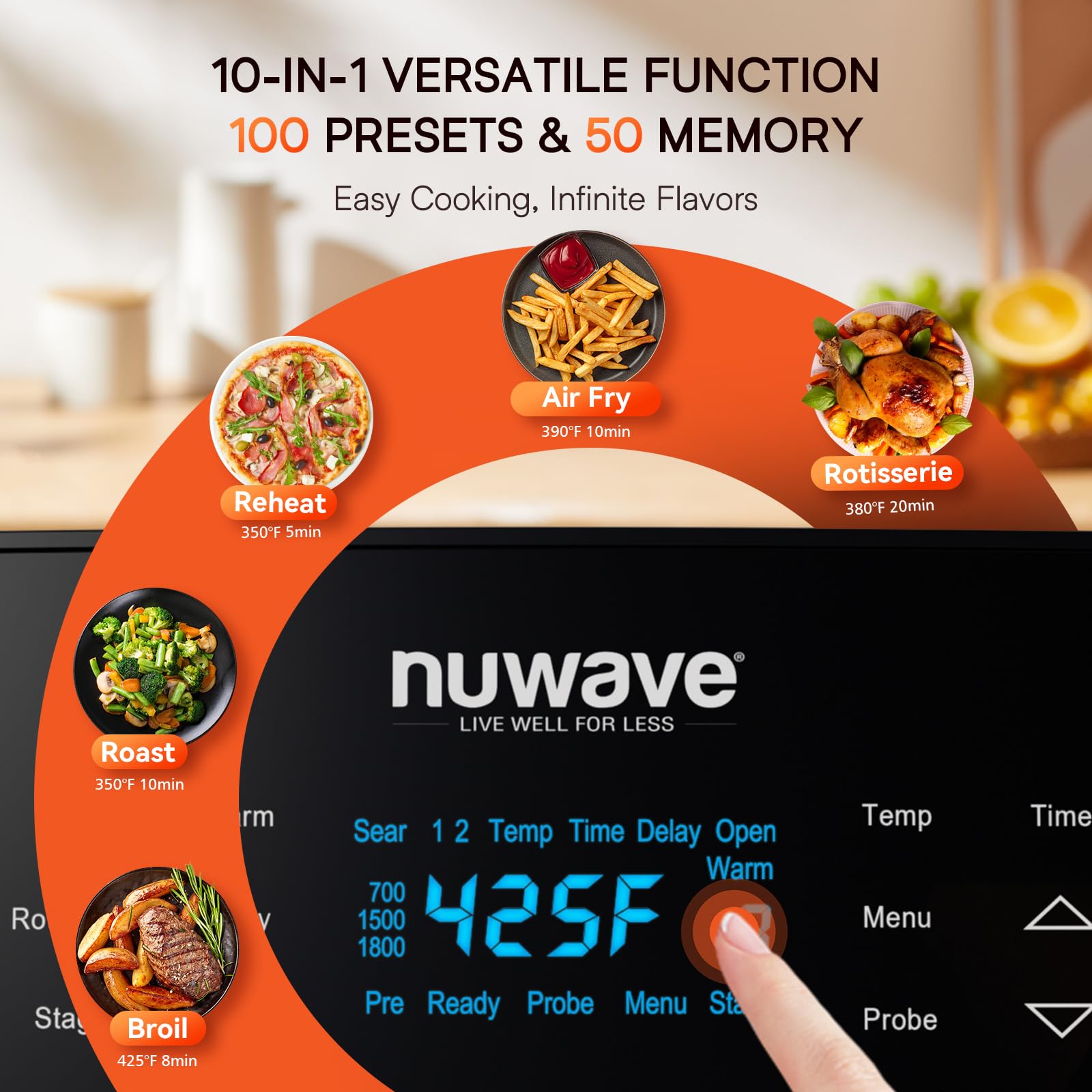 Nuwave Brio 15.5Qt 10-IN-1 Air Fryer Toaster Oven with Rotisserie - XL Family Size Countertop Convection Oven for Air Frying, Roasting, Baking, Reheating & Dehydrating - 1800W, 50°-425°F Temperature Control, 100 Presets & 50 Memory - Dishwasher Safe - Perfect for Quick Meals, Healthy Cooking & Family Gatherings