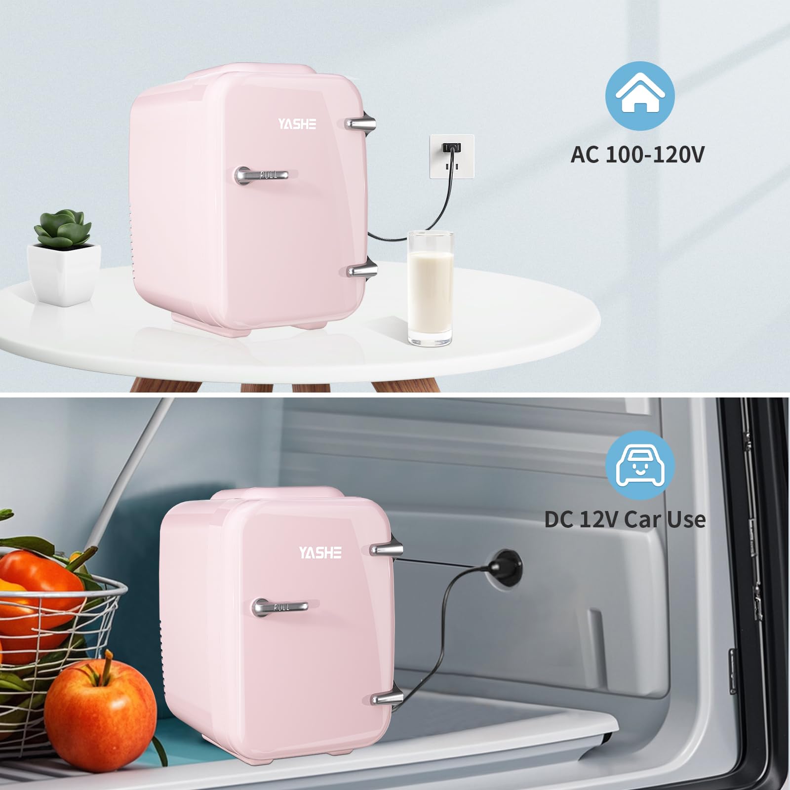 YASHE 4L/6 Can Mini Fridge - Compact Thermoelectric Cooler & Warmer for Skincare, Drinks (110V AC/12V DC) - Perfect for Office, Dorm, Bedroom, Car - Pink Portable Refrigerator for Beauty Products & Beverages