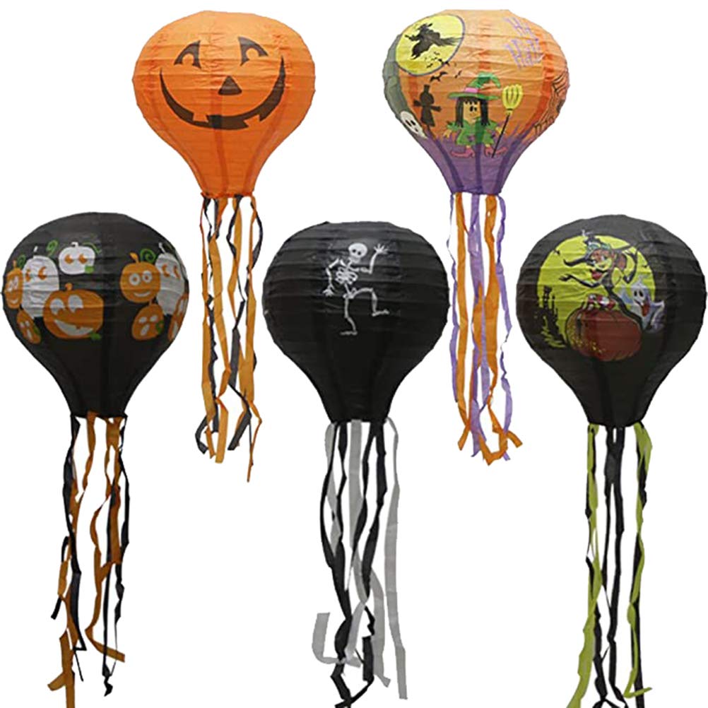 Uonlytech 5Pcs Halloween Paper Lanterns - Hot Air Balloon & Pumpkin Hanging Decor with Tassels | Perfect for Halloween Party, Home Decoration, and Outdoor Festive Lighting
