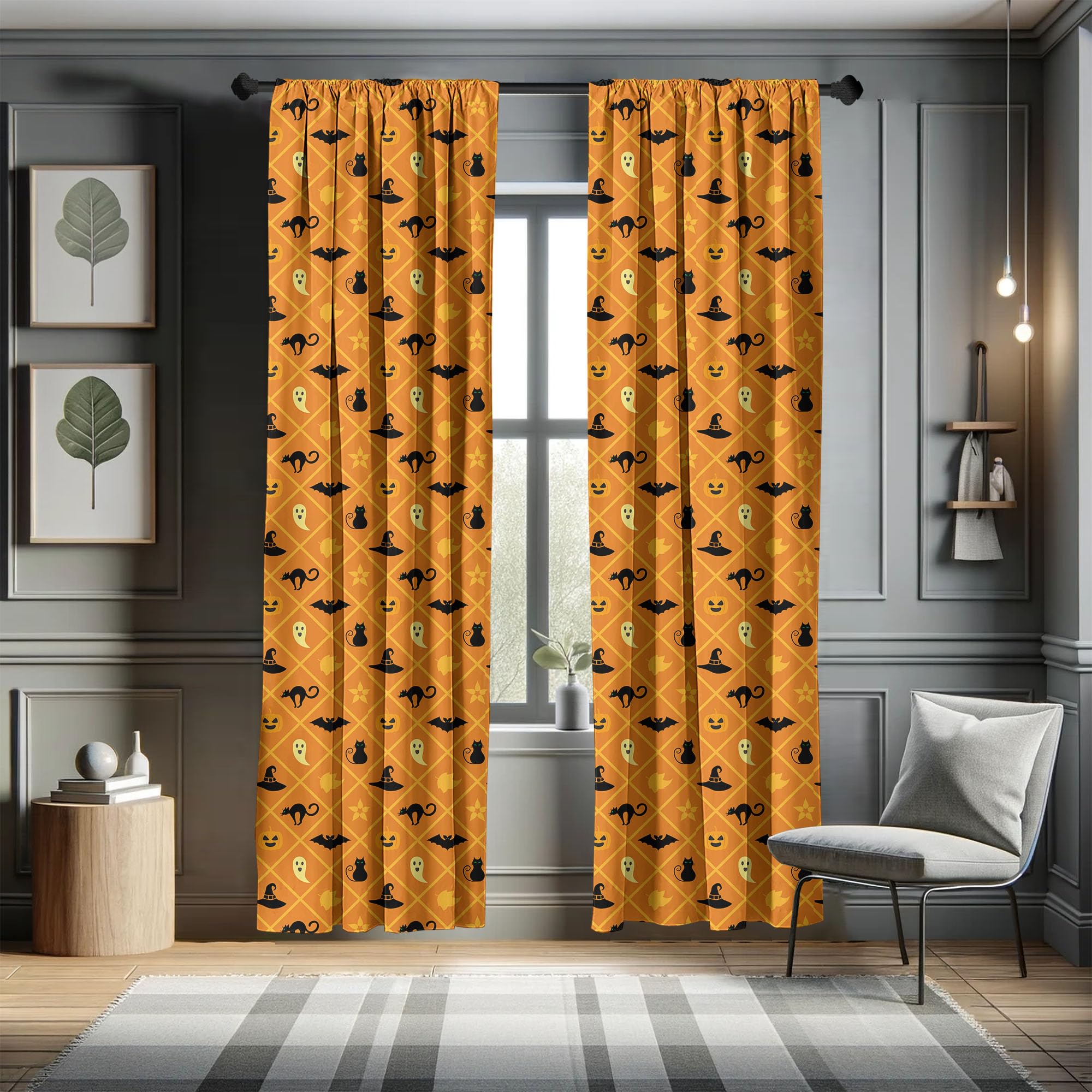 Ambesonne Halloween Ghost Window Curtains - Geometric Cat Hat Bat Ghost Leaves Pumpkin Print, Lightweight Blackout Decor 2-Panel Set with Rod Pocket (28