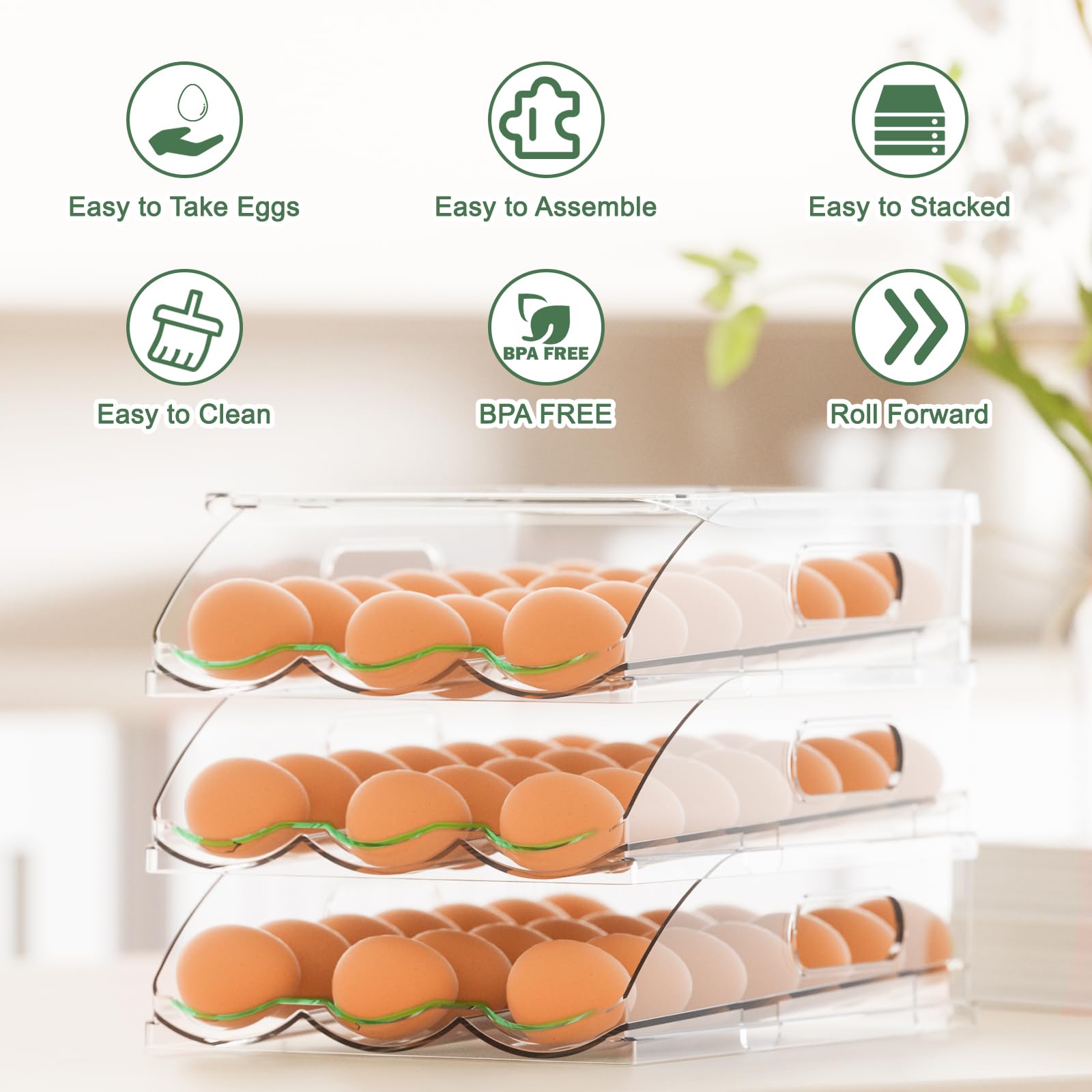 3-Tier Rolling Egg Holder for Refrigerator - 54 Large Capacity Egg Storage Container with Lid - Space Saving Kitchen Organizer for Eggs - Perfect for Fridge, Pantry, and Breakfast Meal Prep