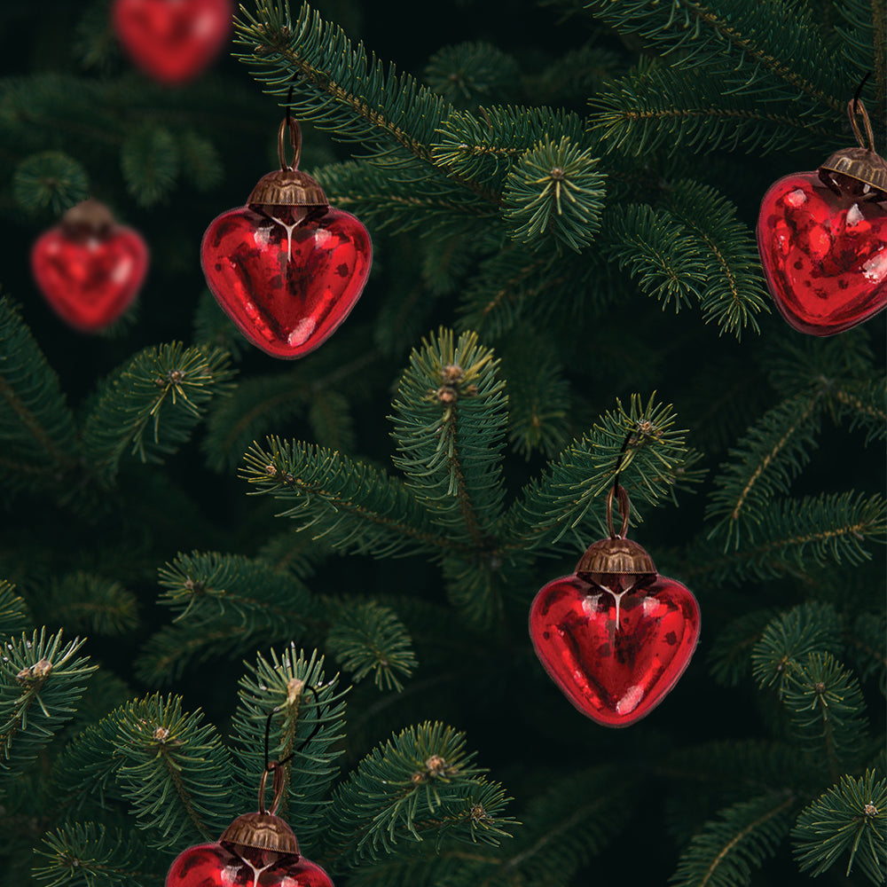 6 Pack Red Cora Mercury Glass Heart Ornaments - Elegant Christmas Tree Decorations for Holiday, Wedding, Party & Home Décor