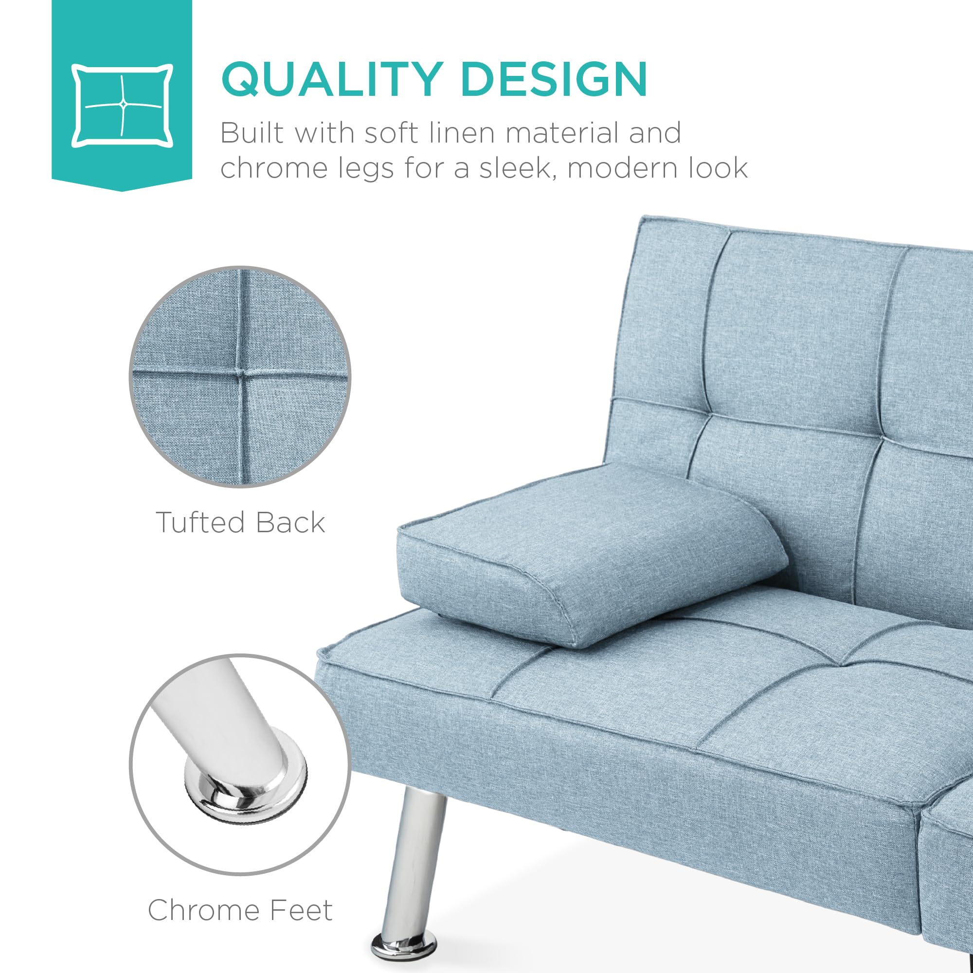 Best Choice Products Modern Folding Futon Sofa Bed - Light Blue Linen Reclining Convertible Couch with Removable Armrests & 2 Cup Holders - Perfect for Small Apartments, Dorm Rooms, Guest Rooms and Home Offices