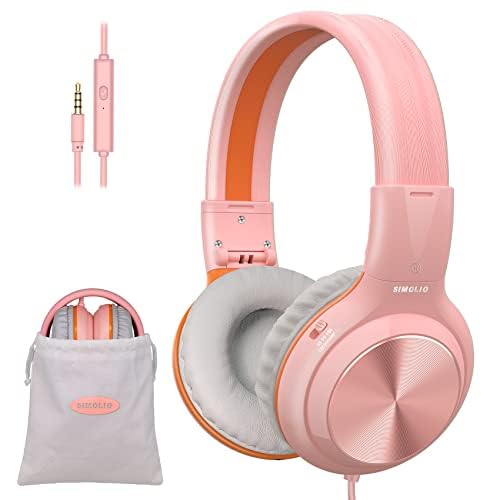 SIMOLIO Kids Wired Headphones with Microphone - Volume Limited (85dB/94dB/104dB) Foldable Lightweight Headset with Share Port & Carrying Bag for School, Travel, Home Use - Compatible with Cellphones, Tablets, Laptops & PCs