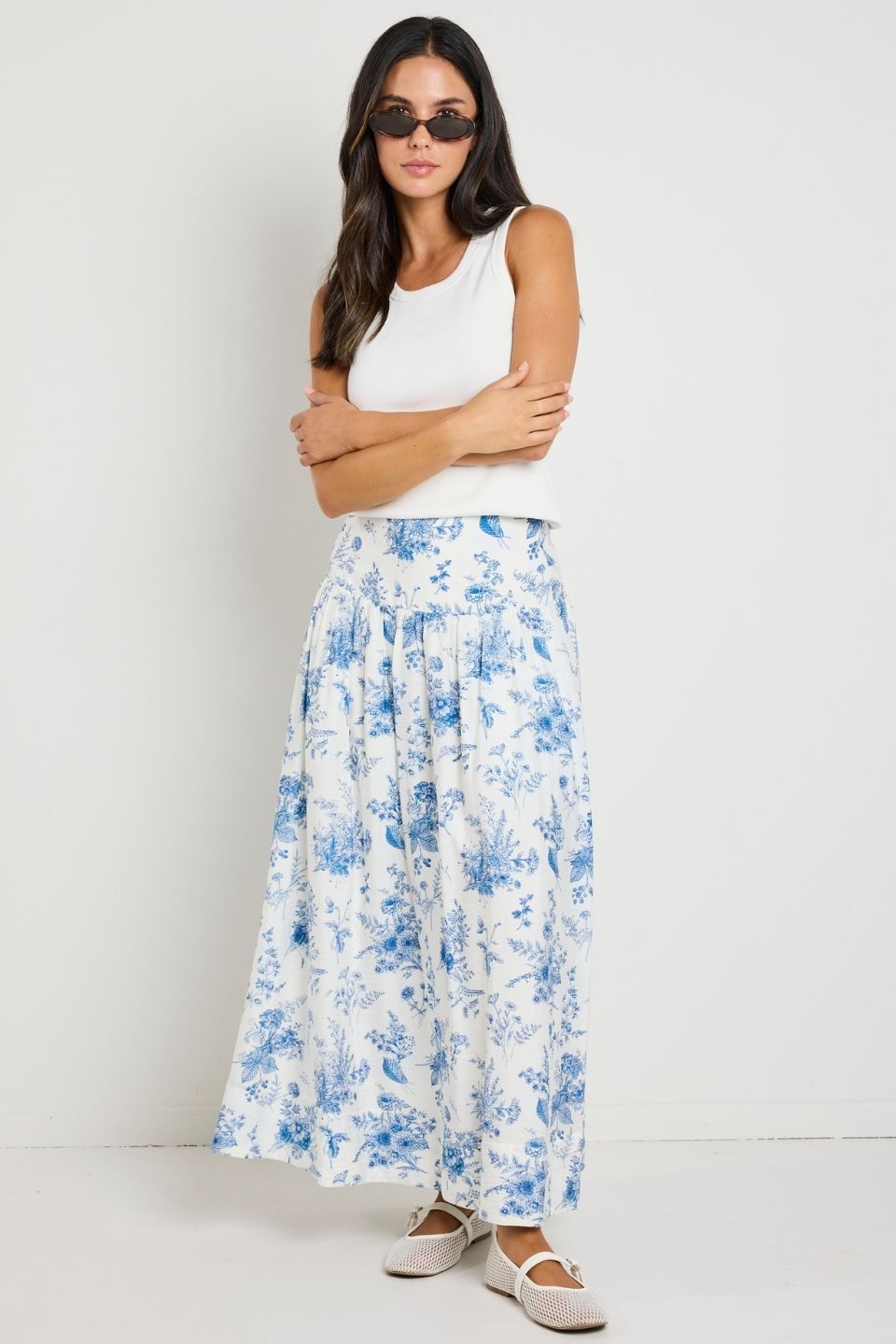 Affinity Porcelain Print Shirred Back Tiered Maxi Skirt - Flowy Boho Summer Dress for Women, Beach Vacation & Date Night Outfit