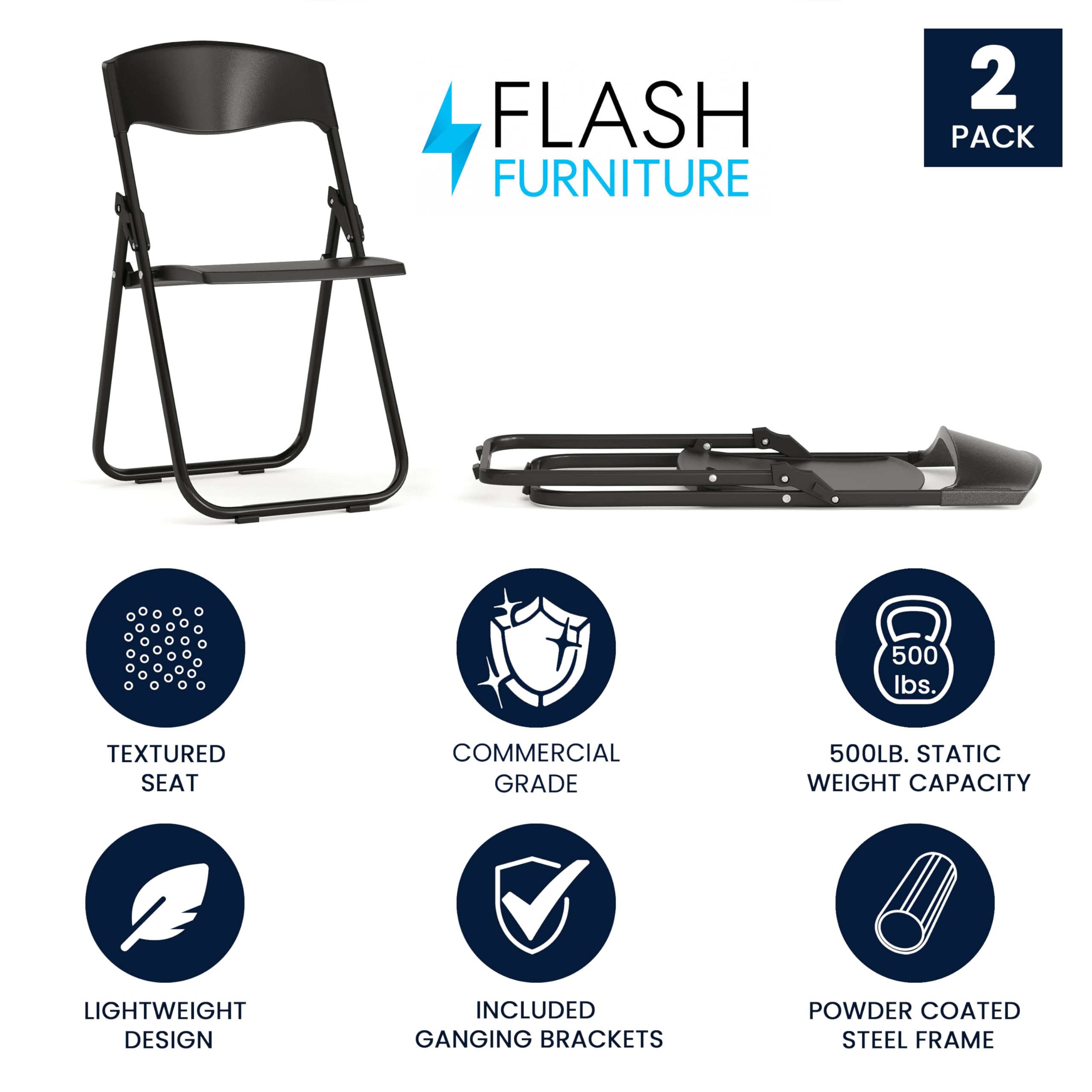 Flash Furniture 2-Pack HERCULES Series Heavy Duty Black Plastic Folding Chairs - 500 lb Capacity, Built-in Ganging Brackets - Ideal for Events, Banquets, and Outdoor Gatherings