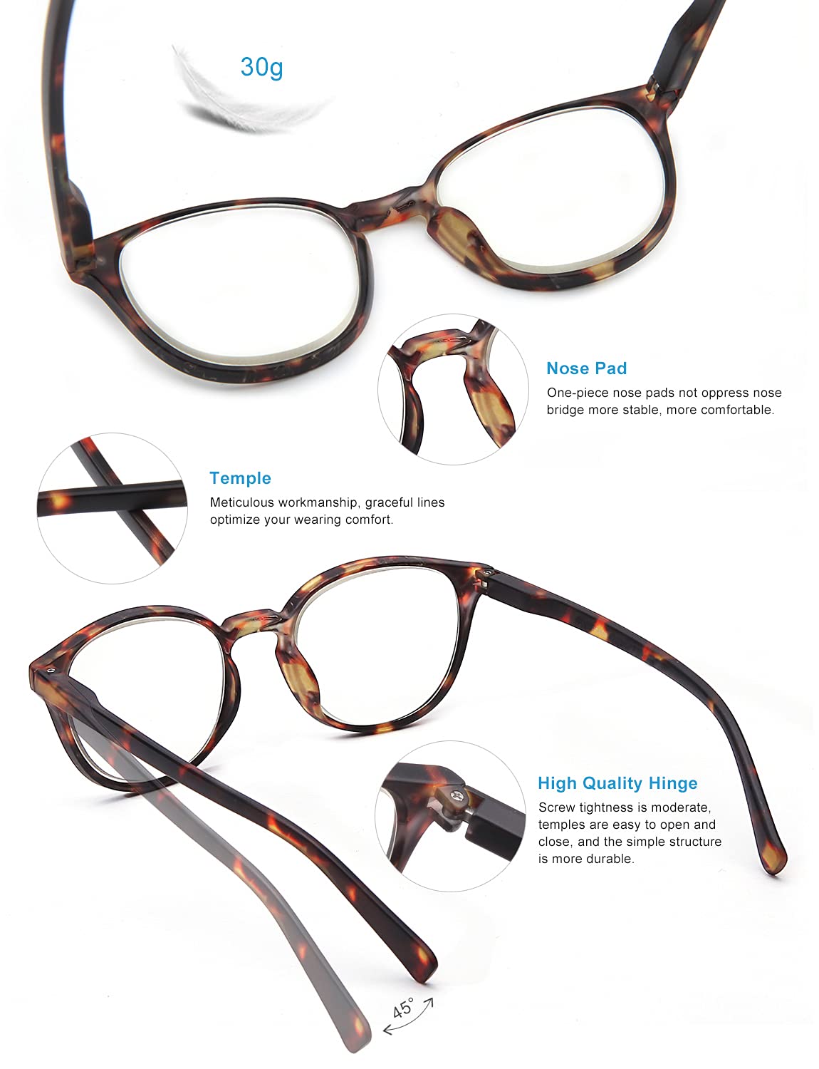 OKH Blue Light Blocking Reading Glasses for Women & Men - 5 Pack Anti-Glare Computer Glasses (2.0 Strength) - Perfect for Office Work, Screen Time & Night Reading