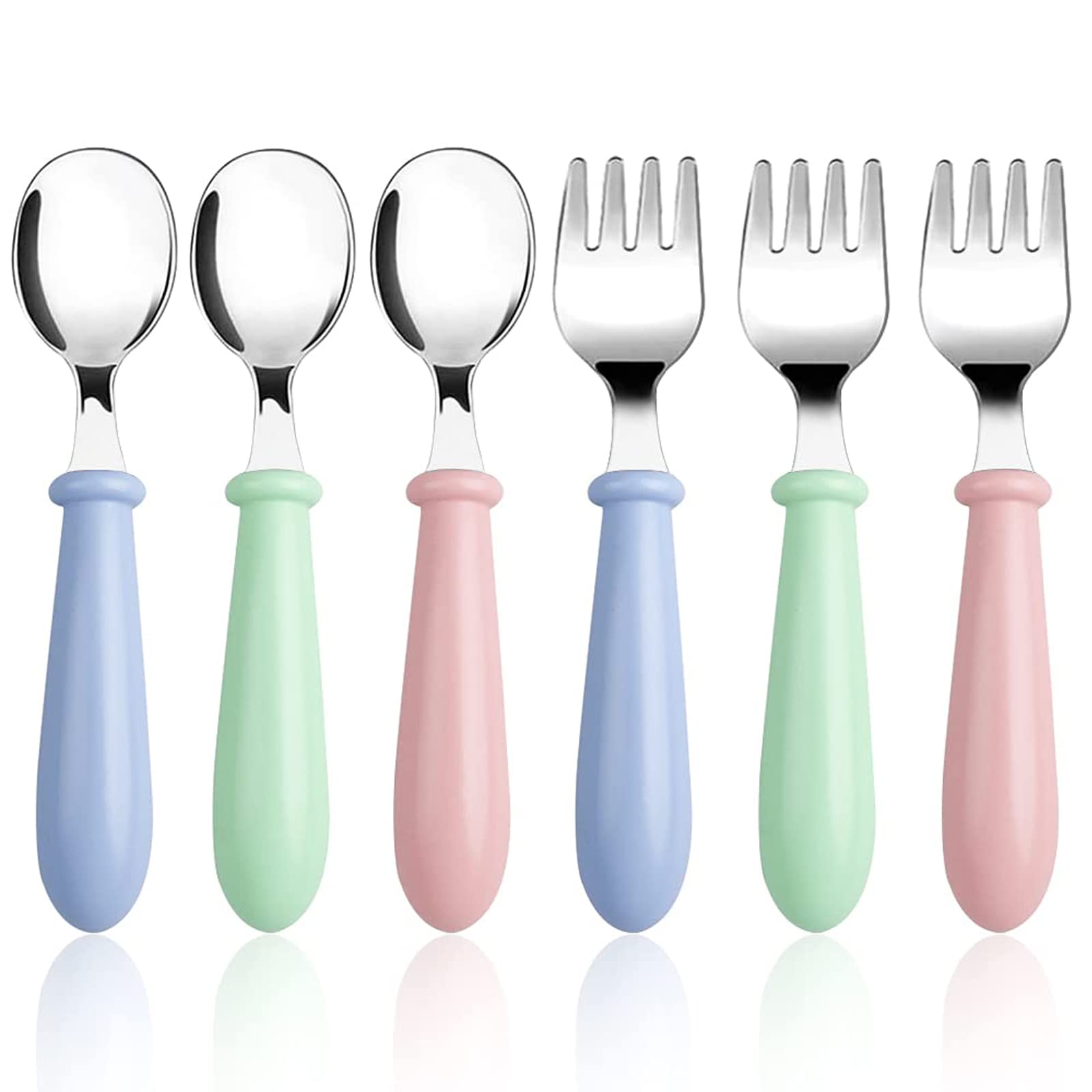 Lanjue 3-Piece Stainless Steel Baby Fork and Spoon Set (6-Pack) - Toddler Utensils with Rounded Handles for Safe Self-Feeding | BPA-Free Kids Flatware for Home, Travel & Daycare Use