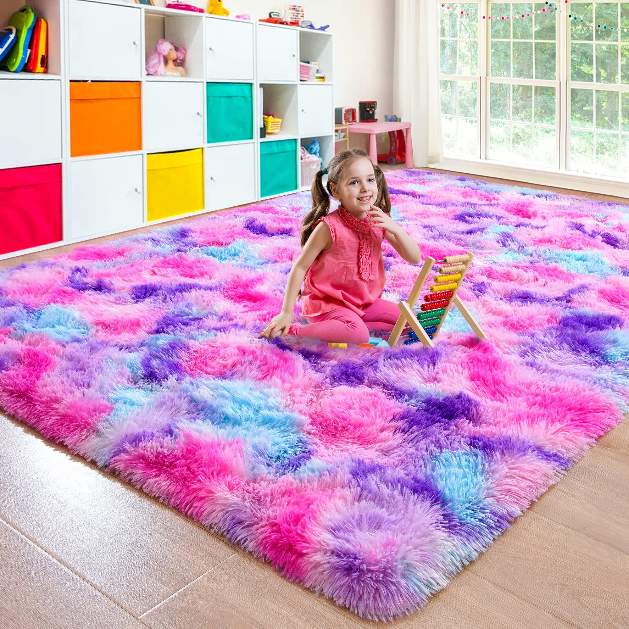 Junovo Soft Rainbow Shaggy Area Rug for Girls Room - Fluffy Colorful Tie-Dyed Hot Pink Kids Floor Carpet (6ft x 9ft) | Play Mat for Nursery, Bedroom & Home Decor | Perfect for Playtime, Sleepovers & Instagram-Worthy Kids Spaces