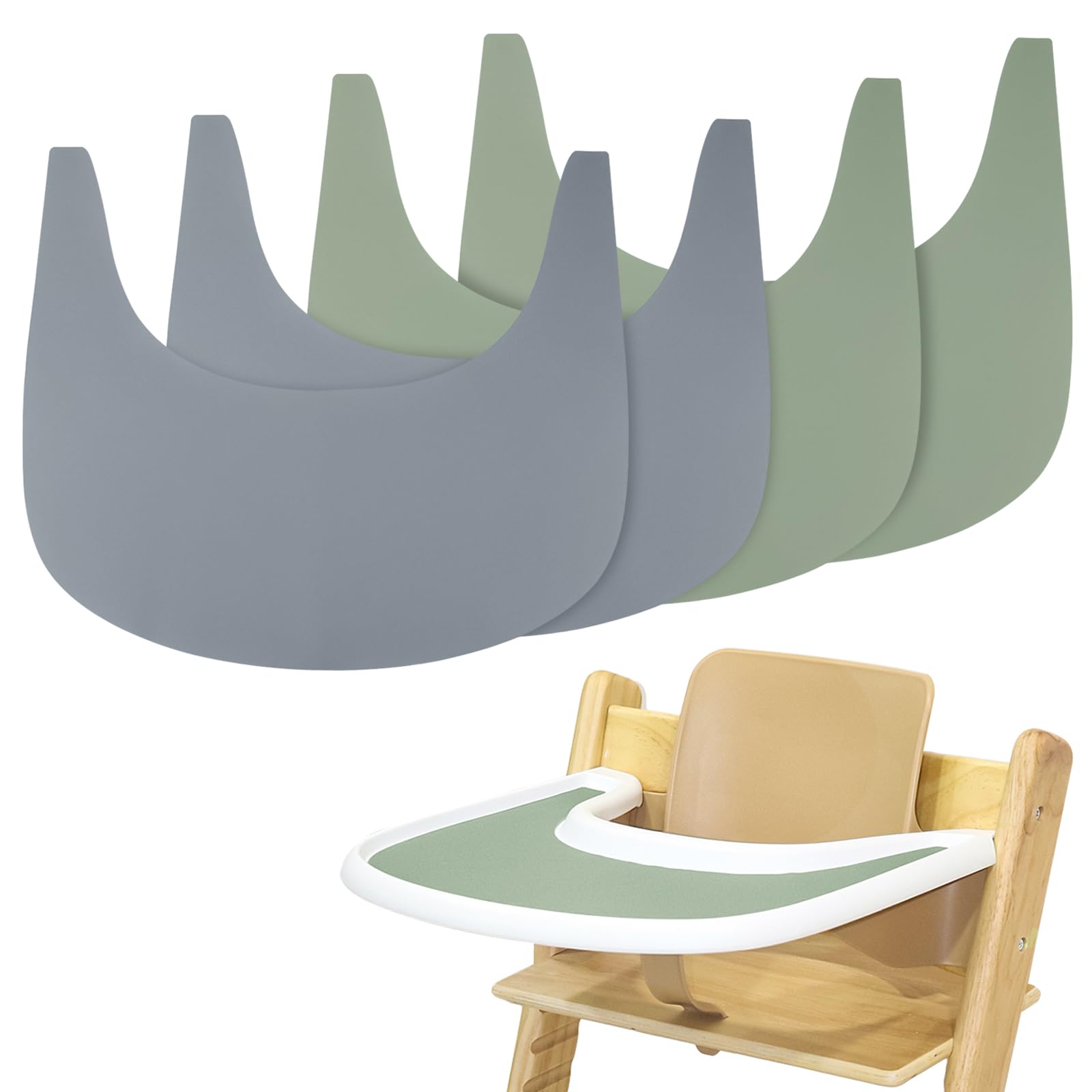 Non-Slip Silicone High Chair Placemat Set of 4 - Washable & Hygienic Tray Cover for Stokke Tripp Trapp High Chair (Grey/Green) - Perfect for Baby Mealtime, Mess-Free Feeding & Easy Cleaning