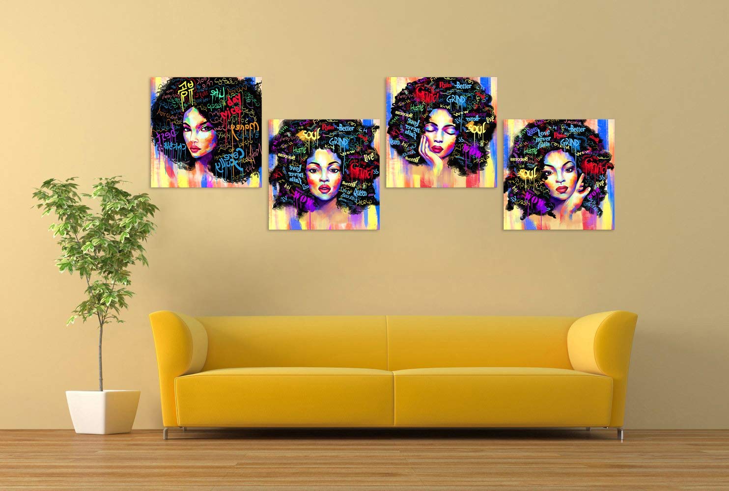AMEMNY 4 Panels Abstract Wall Art Canvas - African American Women Graffiti Style Painting, Framed Ready to Hang (12x12) - Modern Home Decor for Living Room, Bedroom & Bathroom | Perfect for Bohemian & Hippie Style Interiors