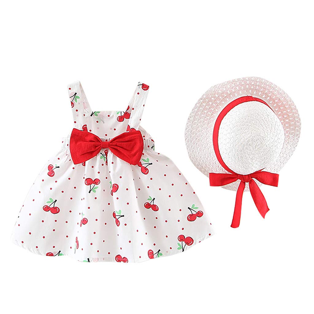 Toddler Baby Girls Sleeveless Summer Dress with Bowknot & Dot Print - Princess Skirt Outfit Set with Matching Hat | Perfect for Birthday Parties, Photo Shoots & Outdoor Play