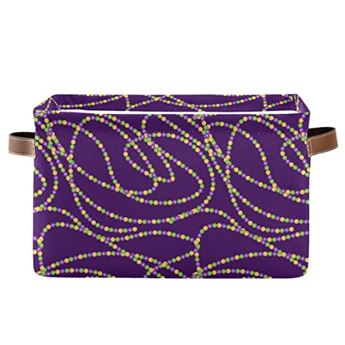 Collapsible Rectangular Storage Basket with Leather Handles - Mardi Gras Beads Organizer Bin for Nursery, Closet & Home Organization | Perfect for Party Supplies, Toys & Laundry Storage