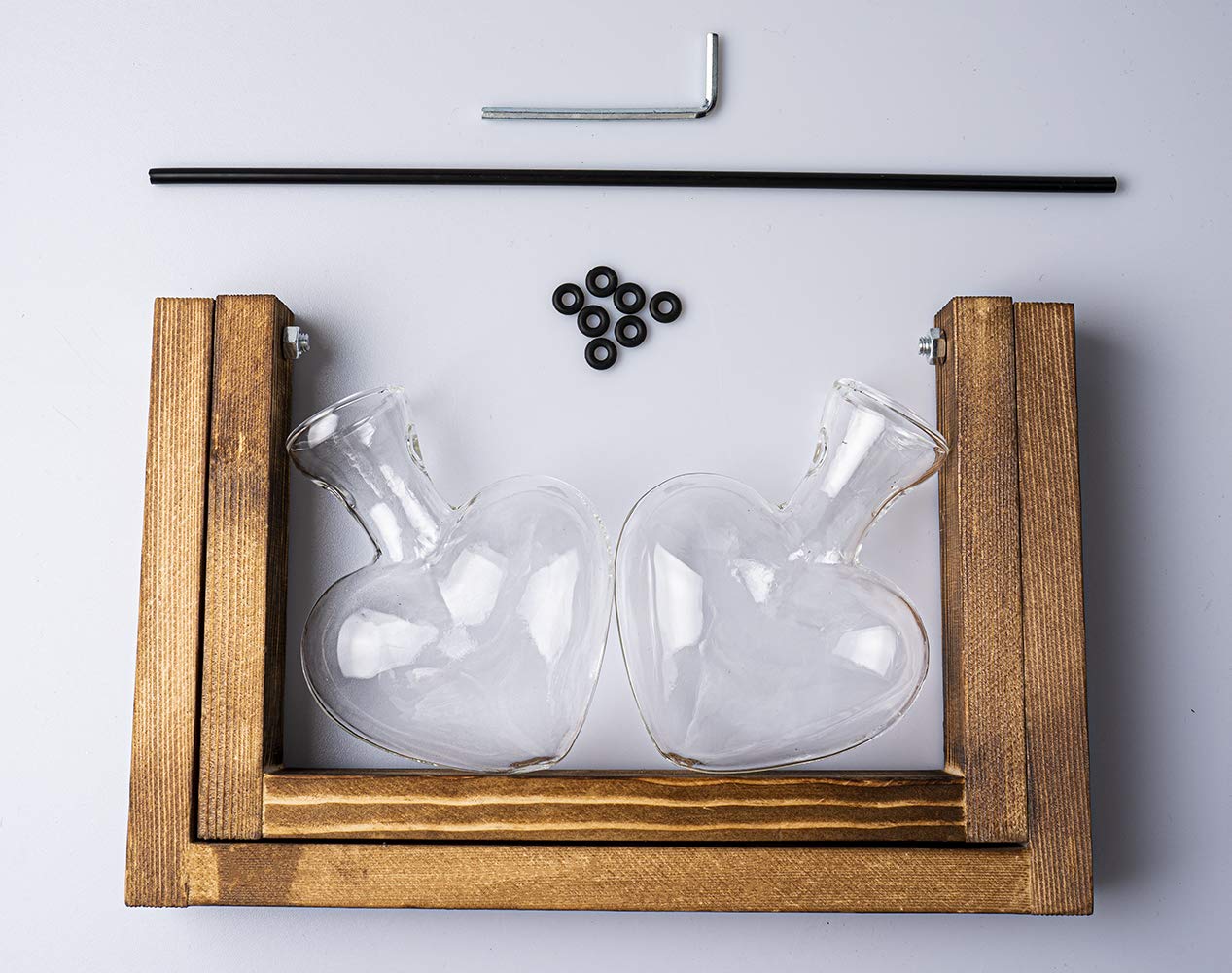 Retro Wooden Stand Glass Desktop Planter with 2 Hearts - Indoor Plant Terrarium Vase for Home, Office Desk Decor | Perfect for Succulents, Air Plants & Small Flowers