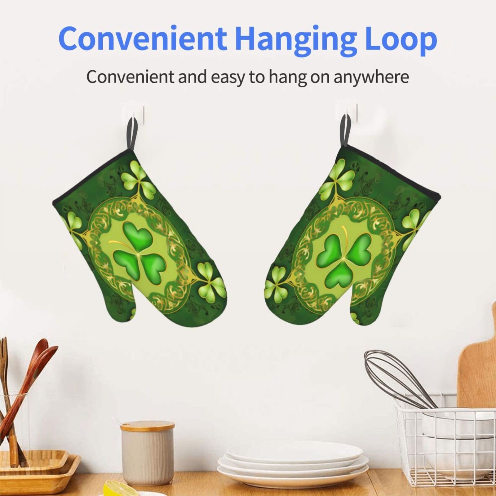 2-Piece Green Shamrock Clover Oven Mitts Set - Heat Resistant Baking Gloves for Cooking, BBQ, Grilling & Kitchen Use - Perfect for St. Patrick's Day & Holiday Baking