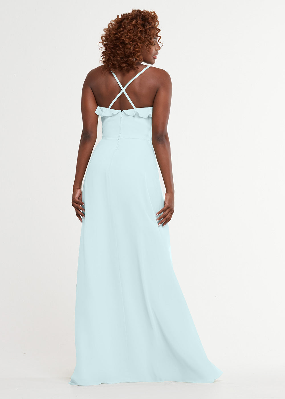 Elegant 80174 Chiffon A-Line Bridesmaid Dress with Ruffles & High Slit - Perfect for Weddings, Formal Events & Prom - Plus Size Options Available