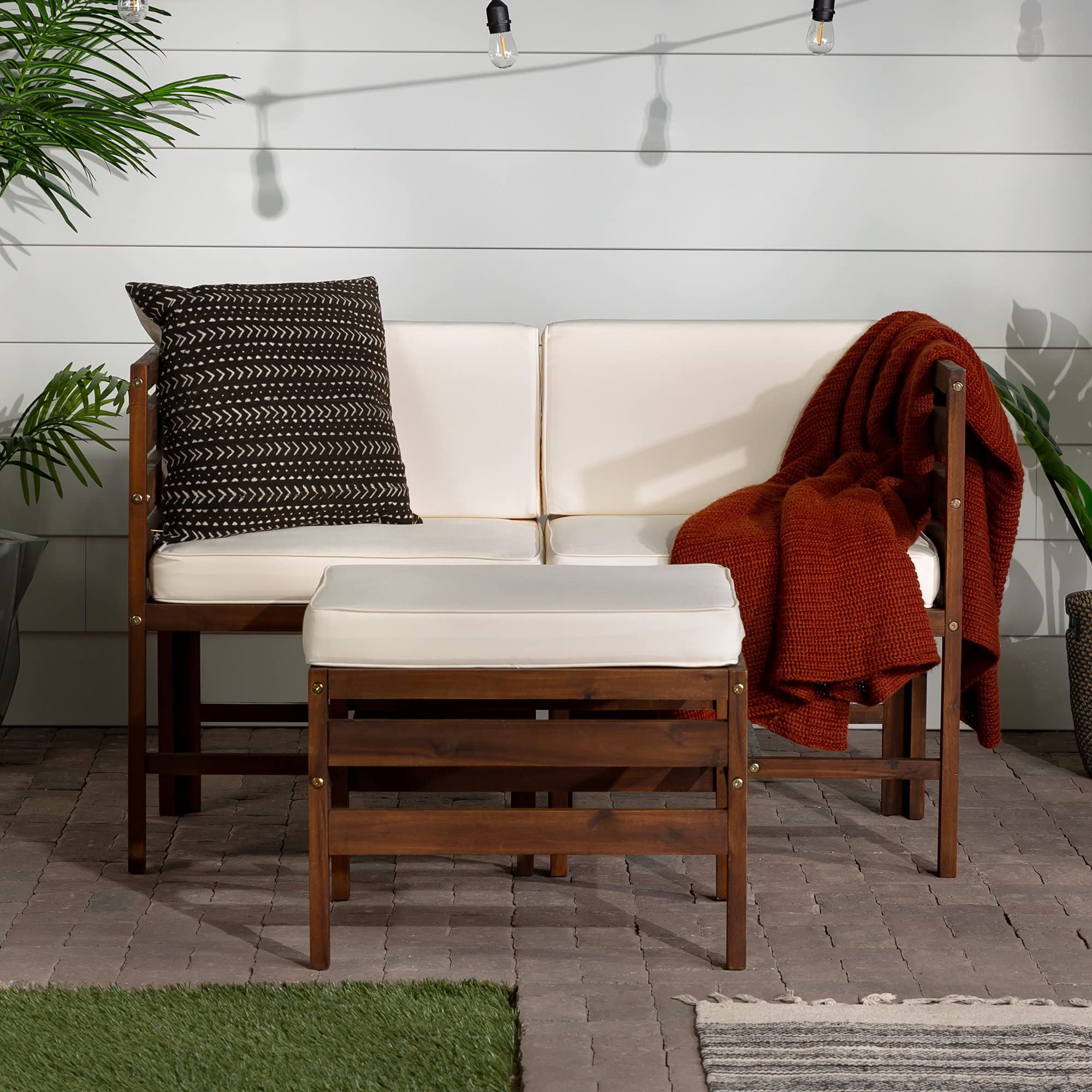 Walker Edison Ravello 3-Piece Acacia Wood Outdoor Modular Chat Set with Cushions - Dark Brown Patio Furniture for Garden, Deck, Poolside & Backyard Relaxation