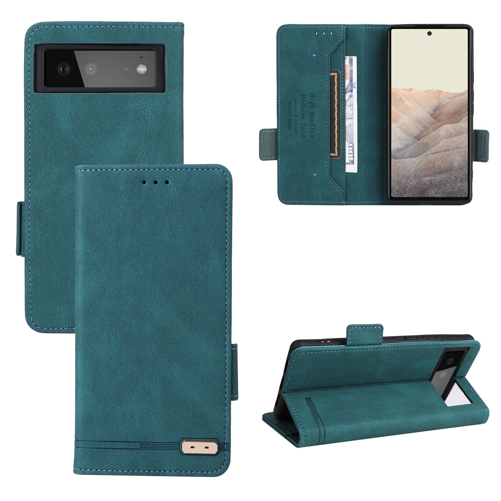Premium PU Leather Flip Wallet Case for Google Pixel 6 - Magnetic Closure, Card Slots & Kickstand | Protective Cover with Folio Design (Green) | Perfect for Work, Travel & Everyday Use