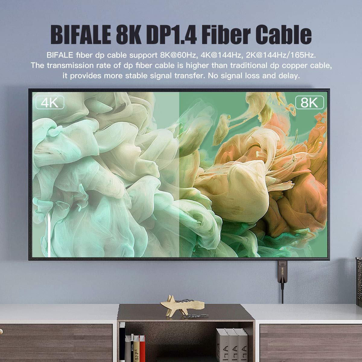 BIFALE DP Fiber Optic Cable 50ft - 8K DisplayPort Cable 1.4 with HBR3, DSC 1.2, HDR10, 32.4Gbps - Supports 8K@60Hz & 4K@144Hz - Ultra Thin Slim Fiber Optic DP Cable for Gaming Monitors, Home Theater & Professional Workstations