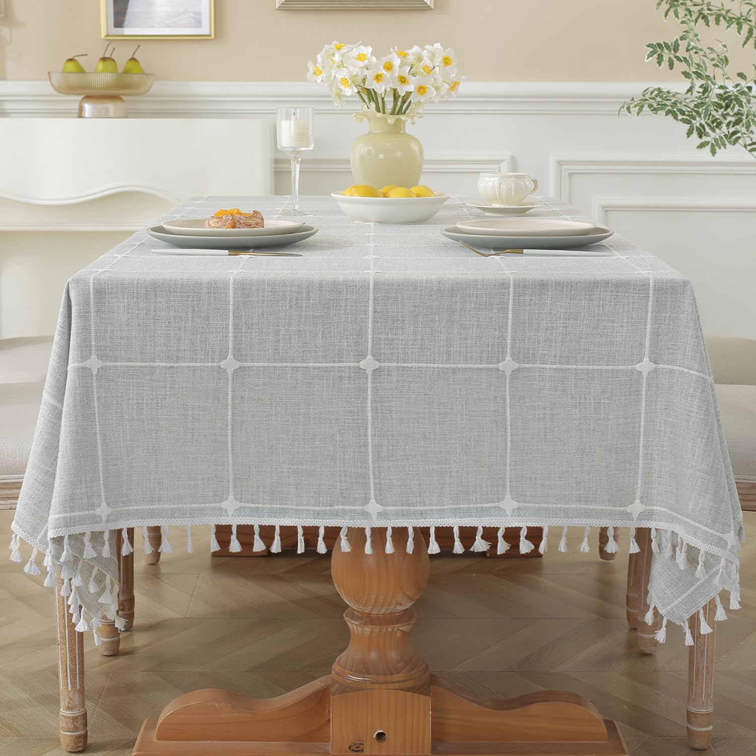 Rustic Cotton Linen Tablecloth for 6 Foot Rectangle Tables - Waterproof & Washable Dining Table Cover with Tassel Trim (55