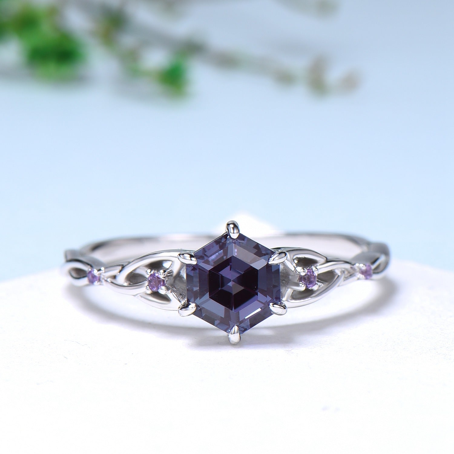 Viking Hexagon Alexandrite Ring Set - Celtic Love Knot Amethyst Engagement & Wedding Rings for Women | Unique Twisted Band Jewelry for Bridal, Anniversary & Special Occasions
