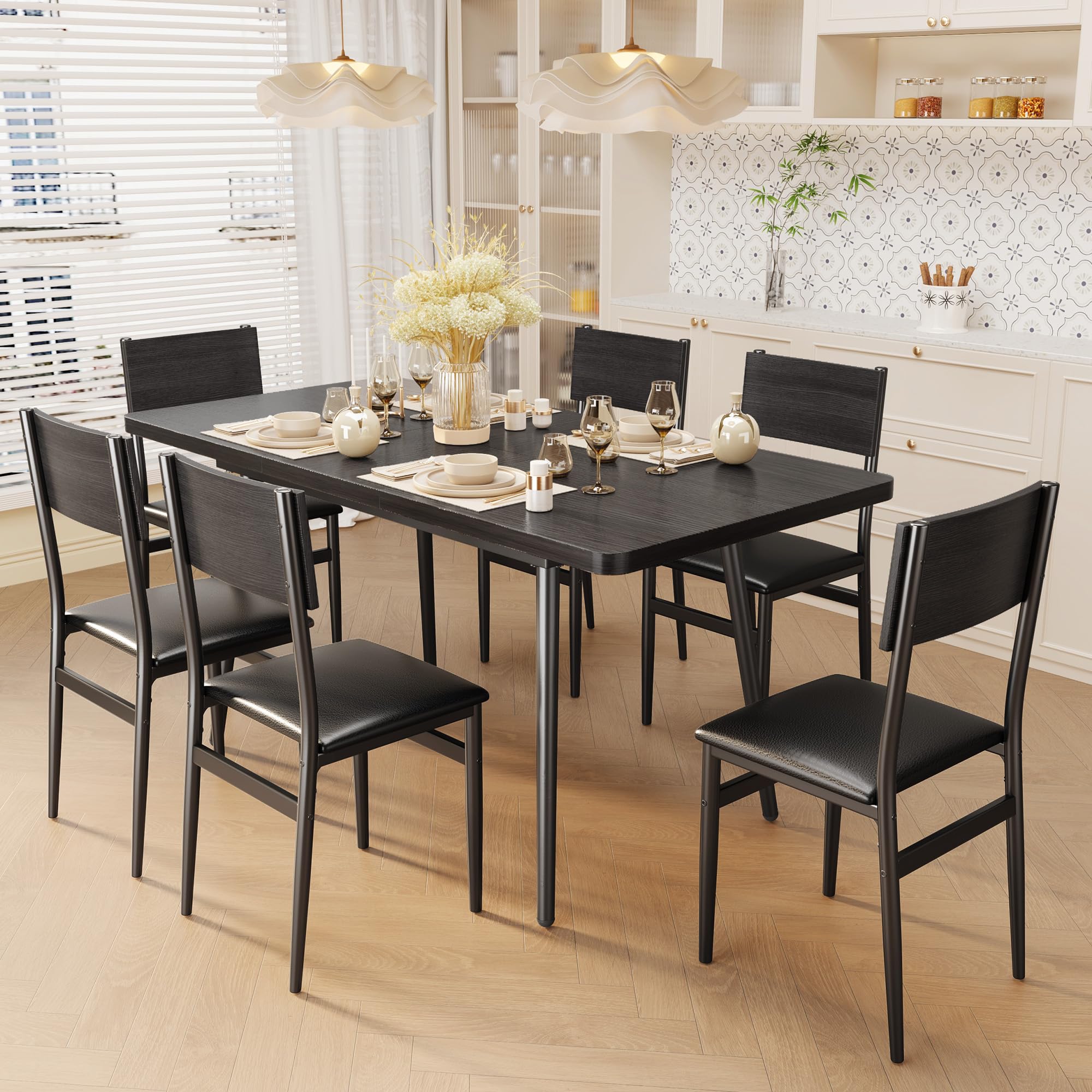Ahomly 7-Piece Extendable Dining Table Set with 6 Padded Chairs, 63