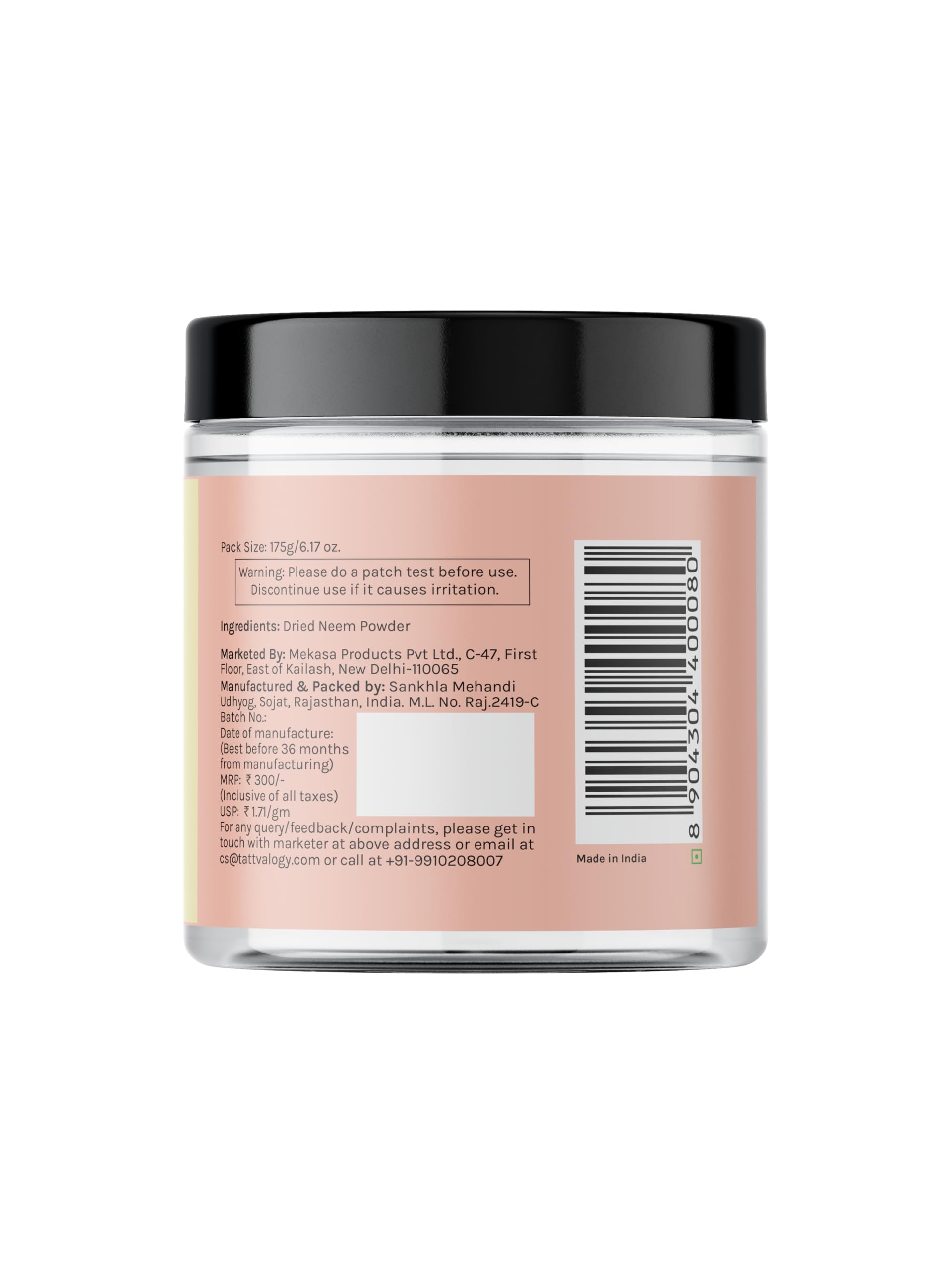 Tattvaogy Organic Neem Powder | 100% Pure Azadirachta Indica Leaf Powder | USDA Certified for Healthy Skin & Hair | Natural Acne & Pimple Treatment | Chemical-Free Hair Pack | Plastic Jar 175g | For Face Masks, Hair Growth & Ayurvedic Remedies