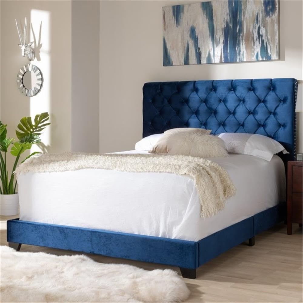 Allora Velvet Modern Button Tufted Fabric King Size Bed Frame - Navy Blue Upholstered Headboard for Luxurious Bedroom Decor | Perfect for Master Bedrooms & Guest Rooms