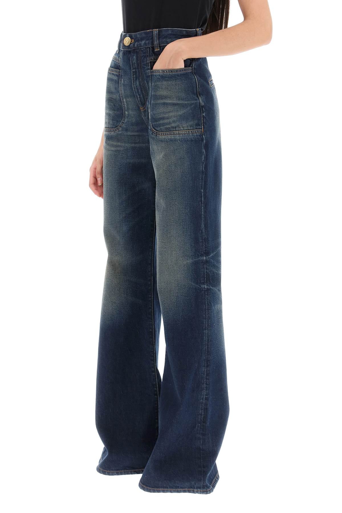 Balmain Women's Dark Wash Wide Leg Jeans - High Waist Stretch Denim Pants for Casual & Office Wear