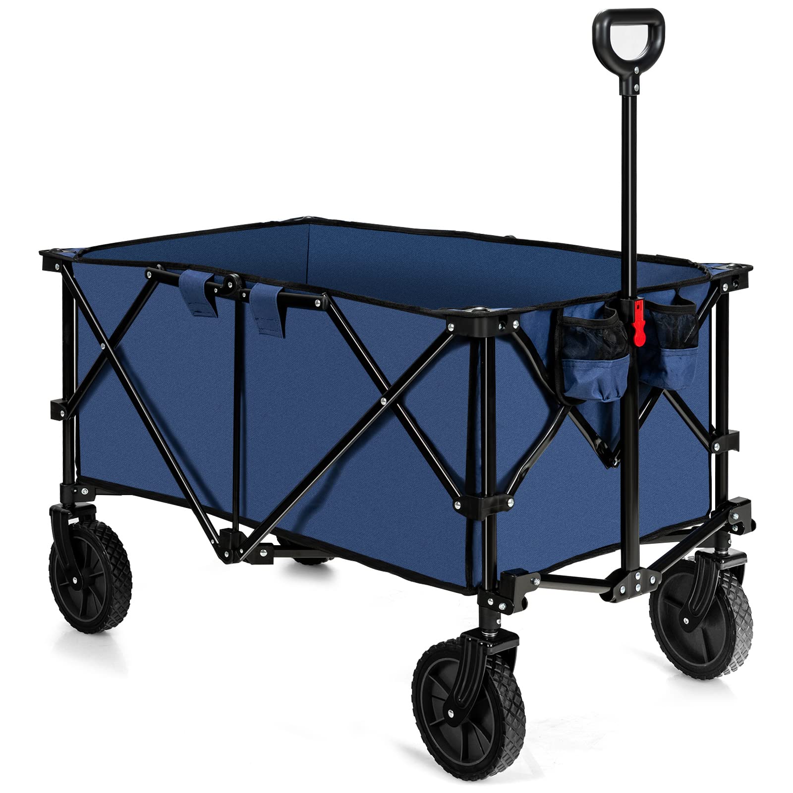 Goplus Collapsible Wagon Cart with Universal Wheels, Adjustable Handle & Storage Bag - Heavy Duty Folding Utility Wagon for Grocery Shopping, Camping, Beach, Gardening & Outdoor Activities (Navy Blue)