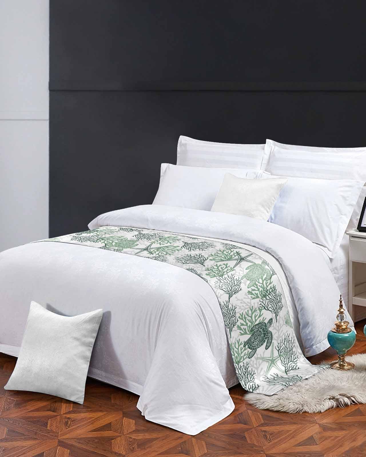 Elegant Sage Green Coastal Bed Runner for Queen Size Beds - 83 x 20 Inch Nautical Sea Turtle Design Summer Beach Throw - Perfect for Hotels, Bedroom Decor & Foot of Bed Protection