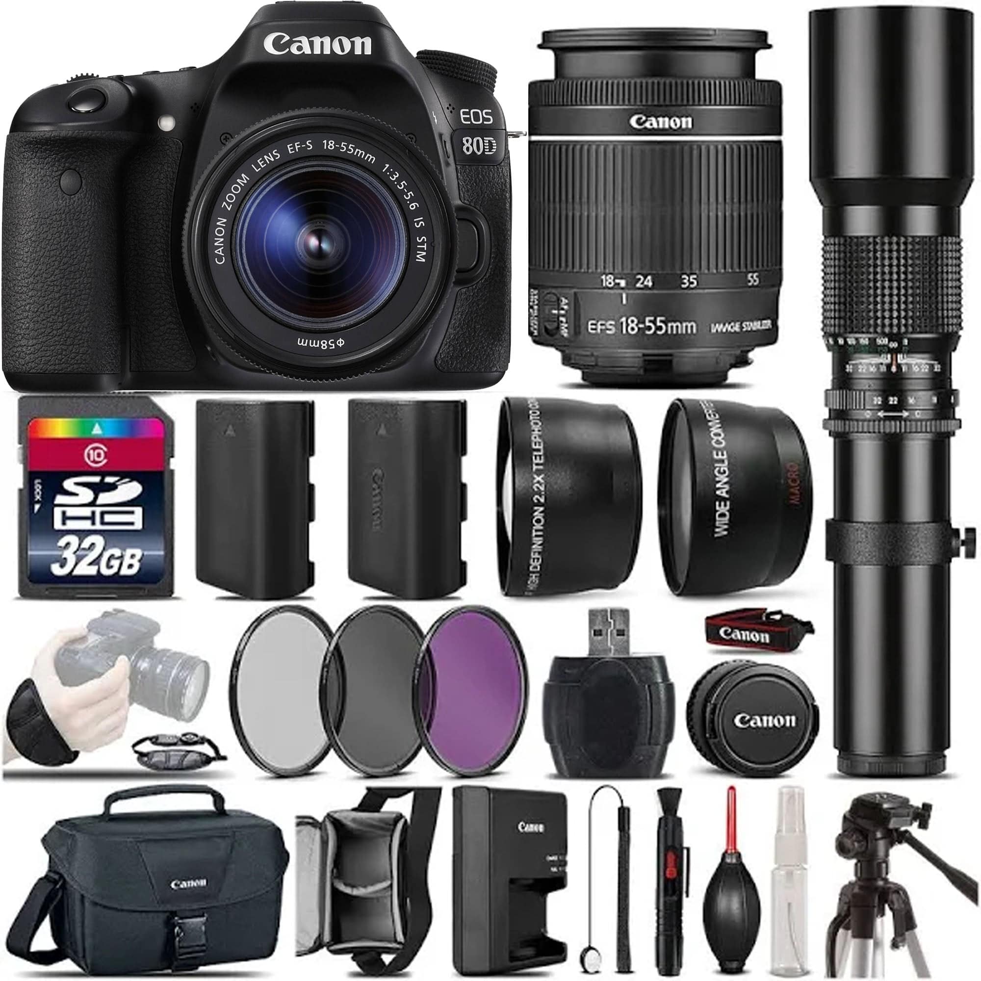 Canon EOS 80D DSLR Camera Bundle with 18-55mm IS STM Lens & 500mm Telephoto Lens - Professional Photography Kit for Travel, Wildlife & Sports Shooting