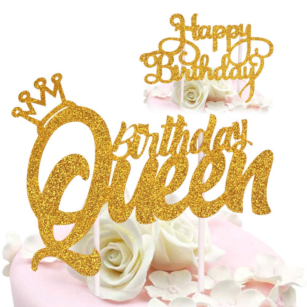 DELIGHTBOX Gold Glitter Happy Birthday Cake Topper - Queen Birthday Party Decoration for Women, Bridal Shower, Anniversary & Special Celebrations