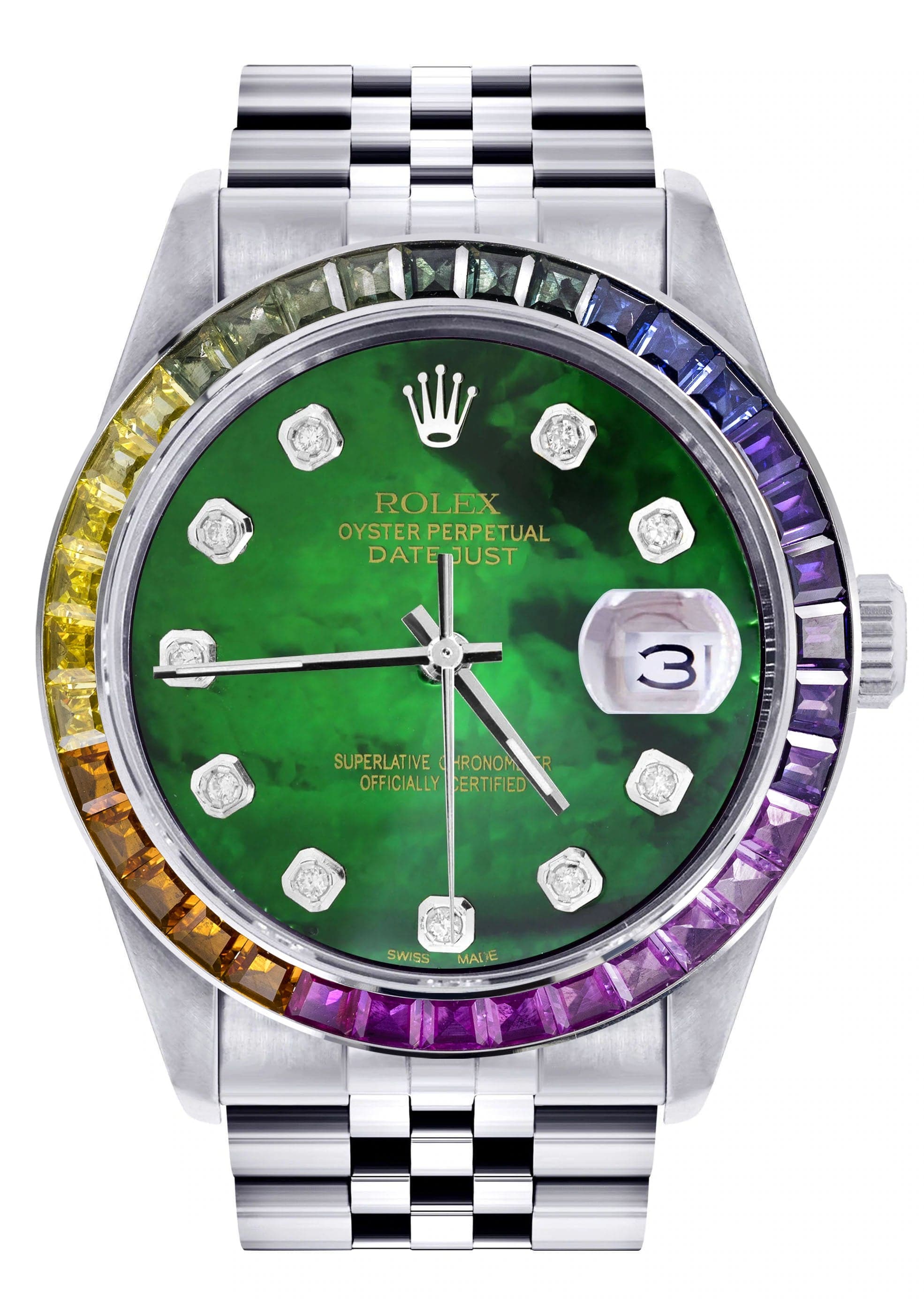 Luxury Diamond Gold Rolex Watch For Men 16200 | 36mm Stainless Steel | Rainbow Sapphire Bezel | Green Mother of Pearl Dial | Jubilee Bracelet | Perfect for Business, Gifts & Special Occasions