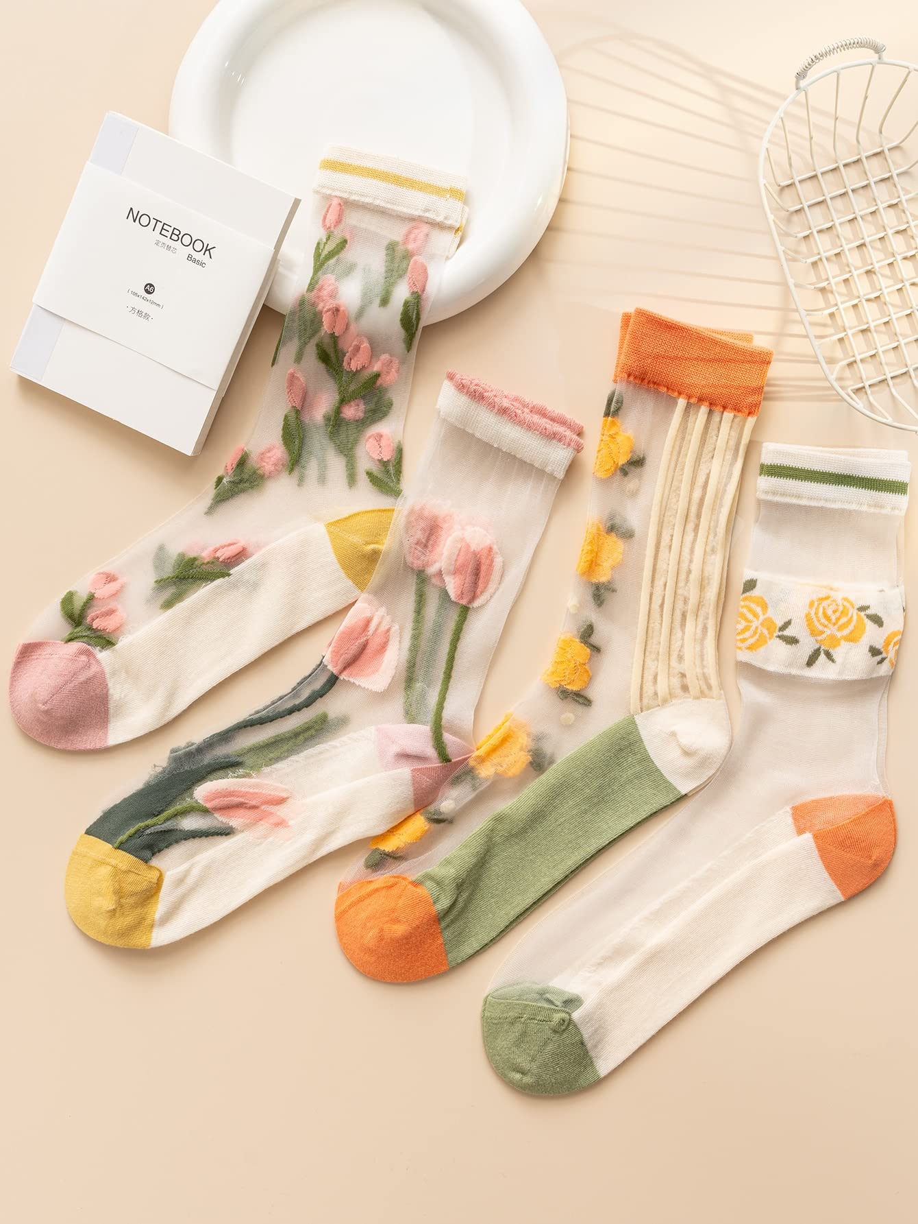 OYOANGLE Women's Floral Sheer Crew Socks 4-Pack - Breathable See-Through Midi Socks for Casual Wear, Office & Spring Outfits