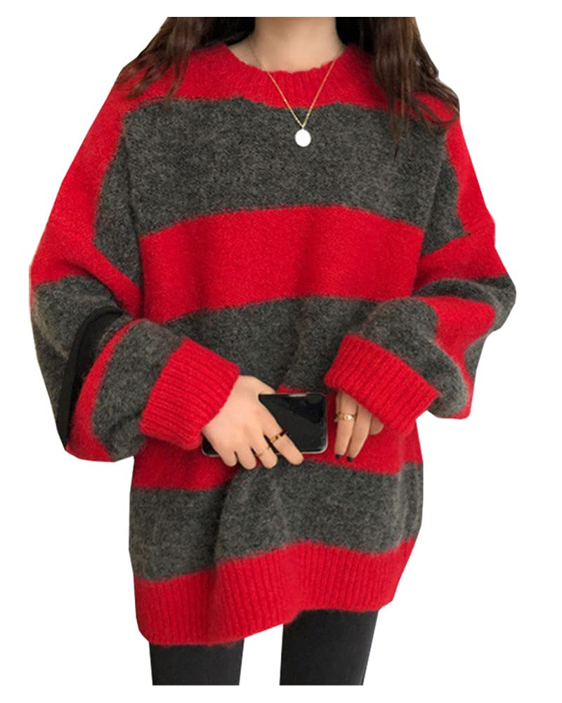 LifeShe Women's Striped Color Block Oversized Knit Sweater Pullover - Cozy Winter Jumper Top for Casual Outfits & Holiday Gatherings