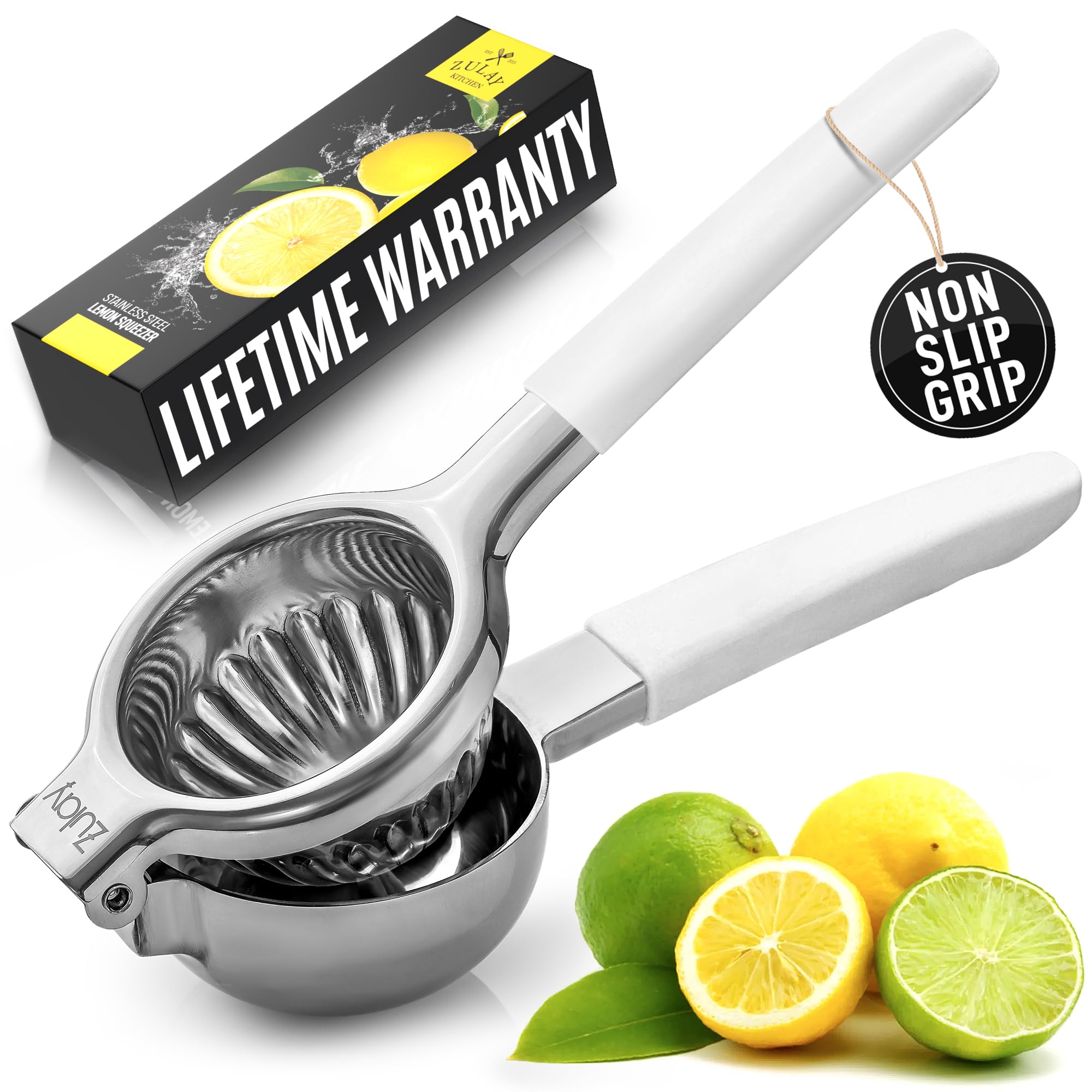 Premium Stainless Steel Lemon Squeezer - Heavy Duty Manual Citrus Juicer with Solid Metal Bowl & Food Grade Silicone Handles - Large Lime & Orange Press for Kitchen, Bar, Restaurant & Cocktail Making (White)