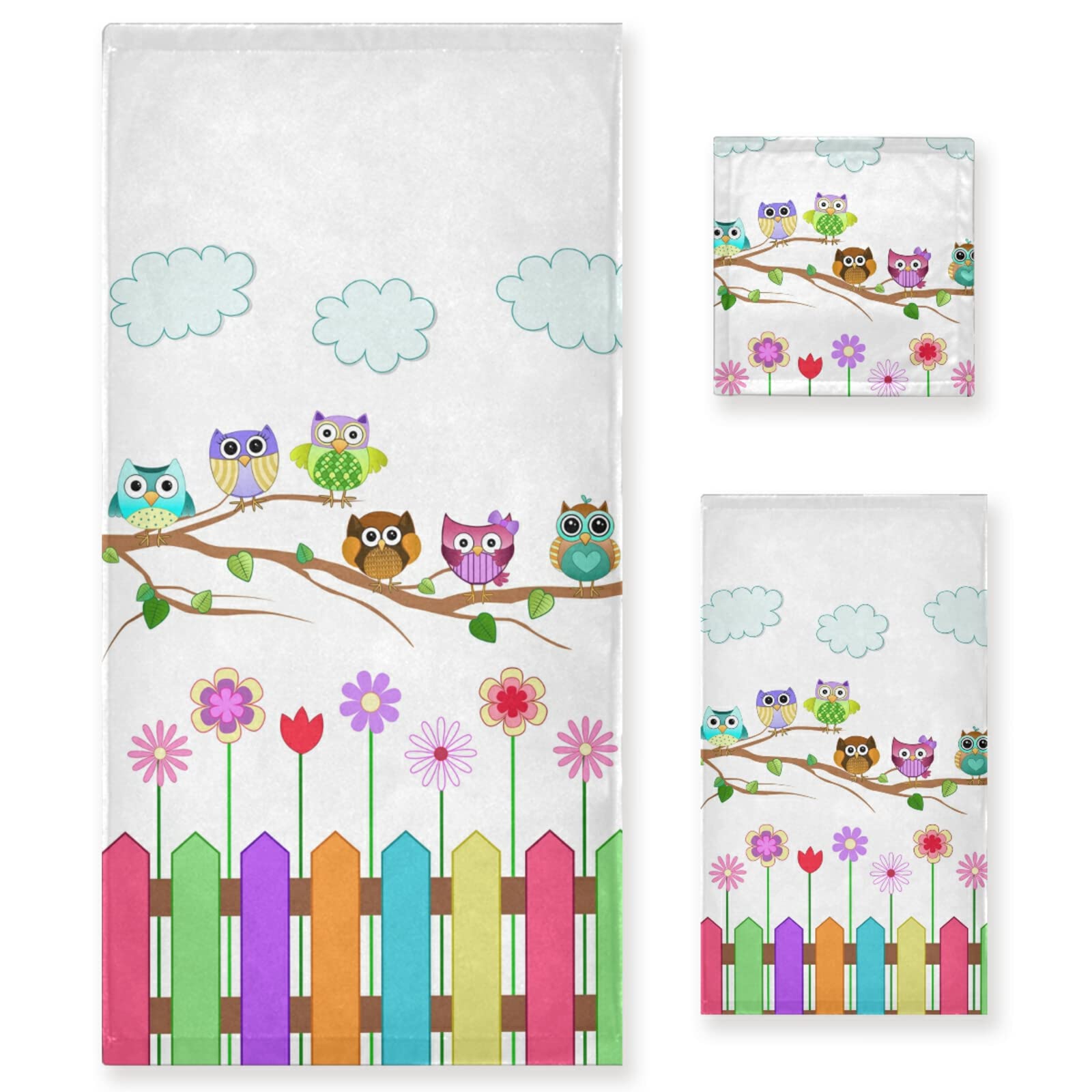 Poeticcity Set of 3 Soft Absorbent Cotton Towels - 1 Bath Towel, 1 Hand Towel & 1 Washcloth with Colorful Owl Branch Design for Spa, Bathroom, Hotel, Kitchen & Gym Use | Ultra Soft & Quick-Drying