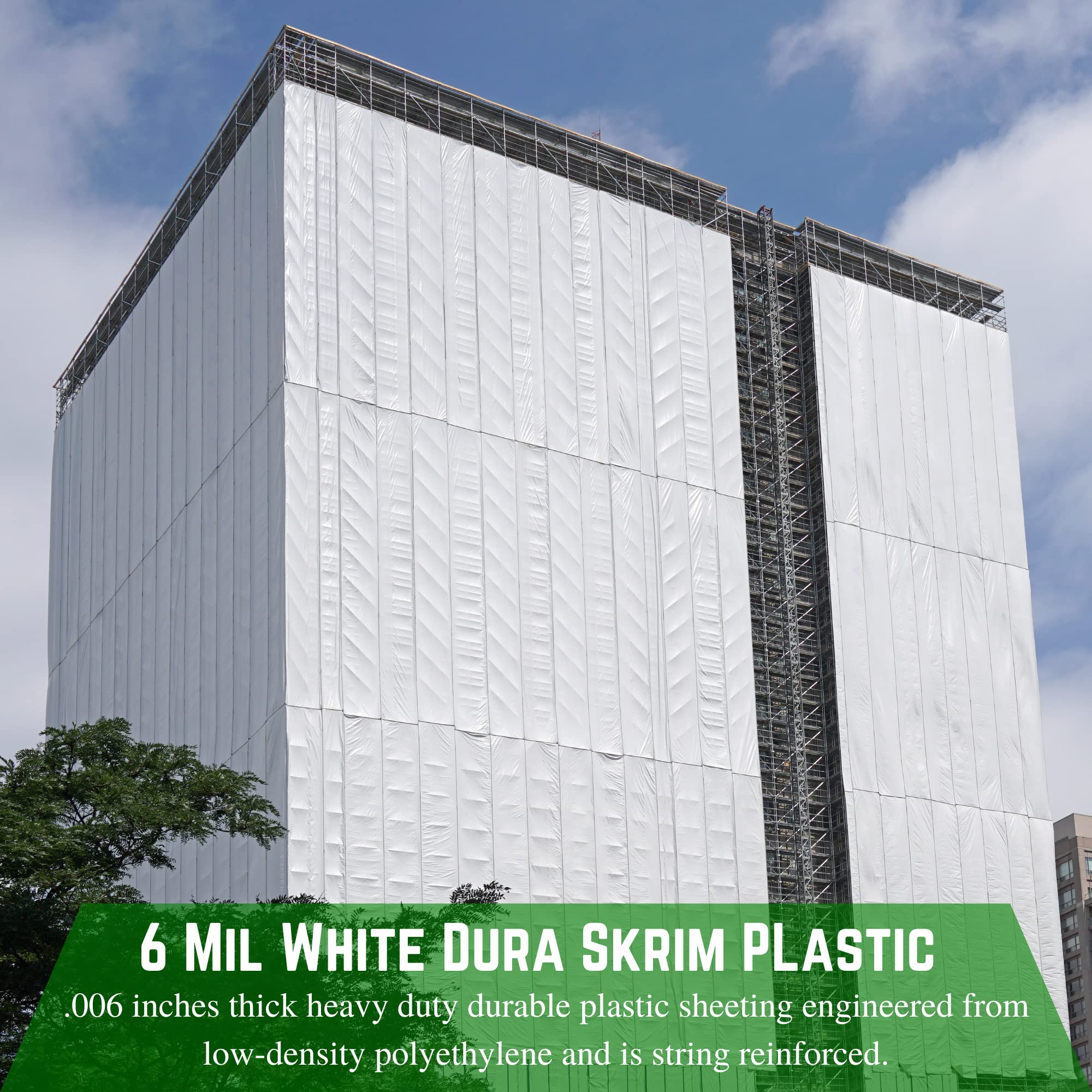 Dura Skrim 6 Mil Reinforced White Plastic Sheeting - 10' x 75' - Tear Resistant & Weatherproof Polyethylene Film - Construction Vapor Barrier for Roofing, Greenhouse Covering & Crawl Space Protection