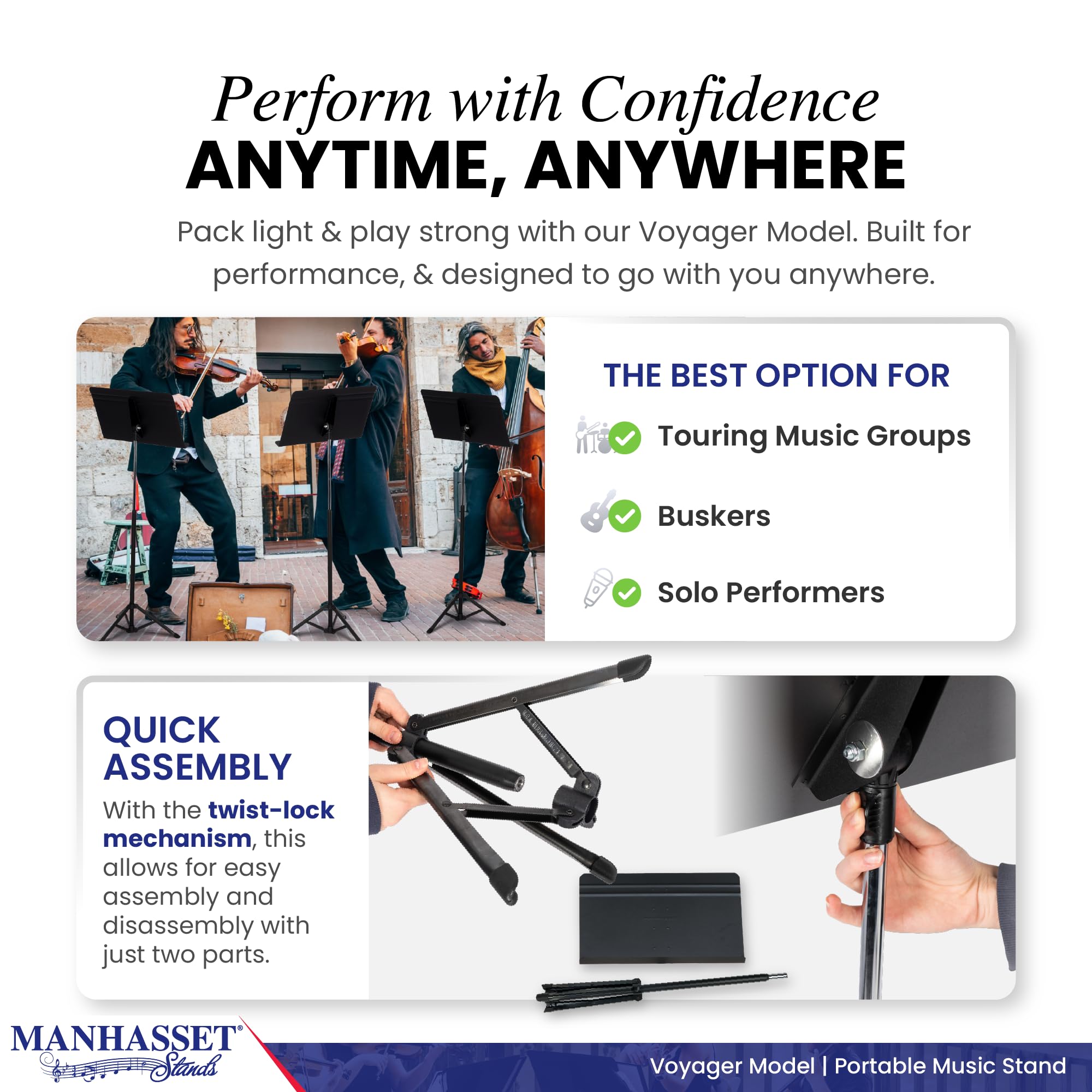 Manhasset Voyager Portable Music Stand - Quick Assembly Folding Sheet Music Stand with Retractable Legs | Perfect for Orchestra, Band Practice & Outdoor Performances