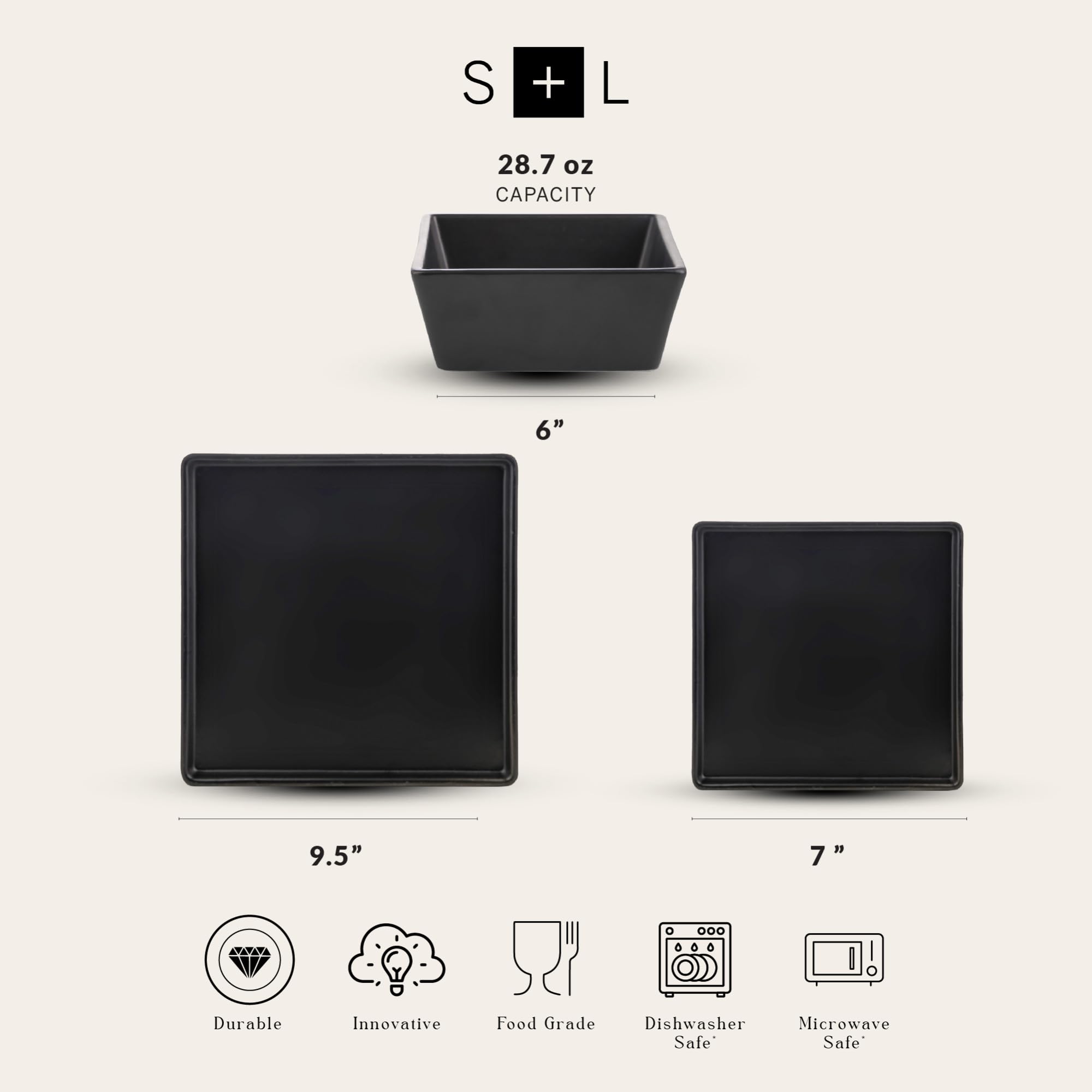 Premium 12-Piece Stoneware Dinnerware Set for 4 - Black Square Plates & Bowls - Durable Stone Lain Grace Collection - Perfect for Family Dinners, Entertaining Guests & Restaurant-Style Dining