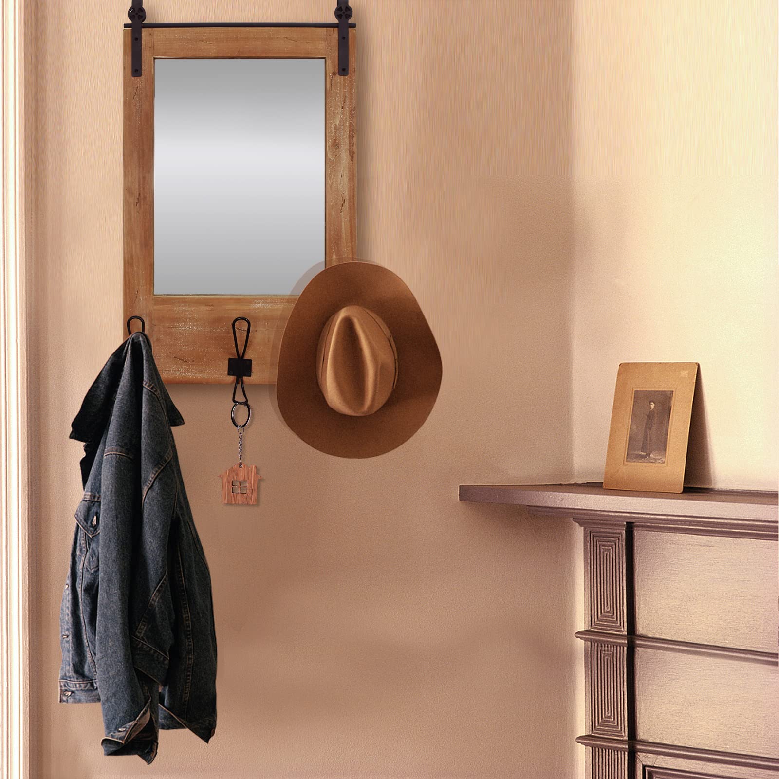Rustic Wood Framed Wall Mirror with Hooks - 15