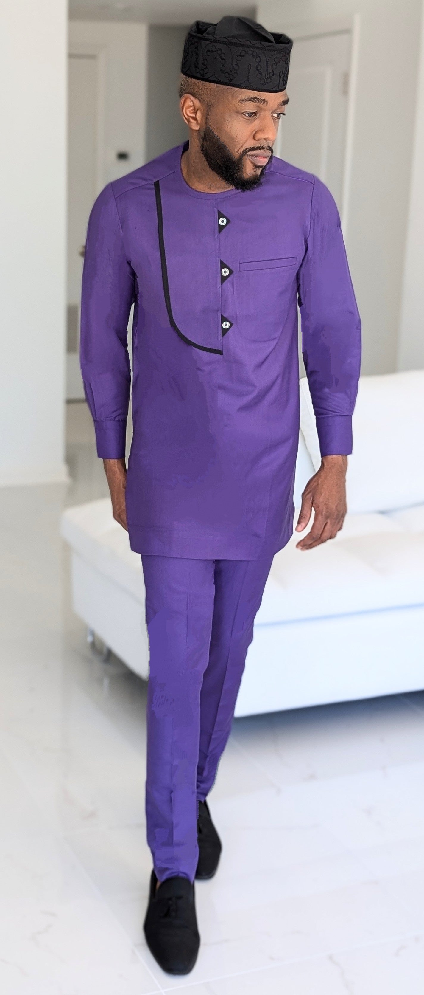 Elegant Purple and Black African Senator Suit Set by Dupsie | Traditional Nigerian Attire for Weddings, Parties & Special Occasions | Premium Quality DPASPBTP4