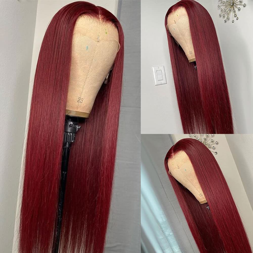 99J Burgundy Wine Red 13x4 Lace Front Wig - 26 Inch Brazilian Human Hair, Silky Straight Remy Virgin Hair 180% Density, Pre-Plucked Transparent Lace | Perfect for Daily Wear, Cosplay & Special Occasions
