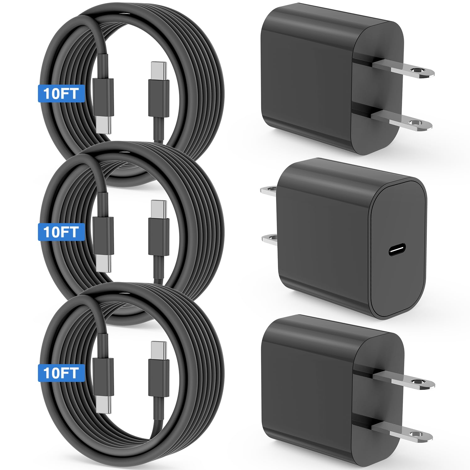 20W Fast Charger 3-Pack with 10ft USB-C Cable - Compatible with iPhone 16/15/Pro/Pro Max, iPad Pro, AirPods & Samsung Devices | Quick Wall Charger Block for Home, Office & Travel Use